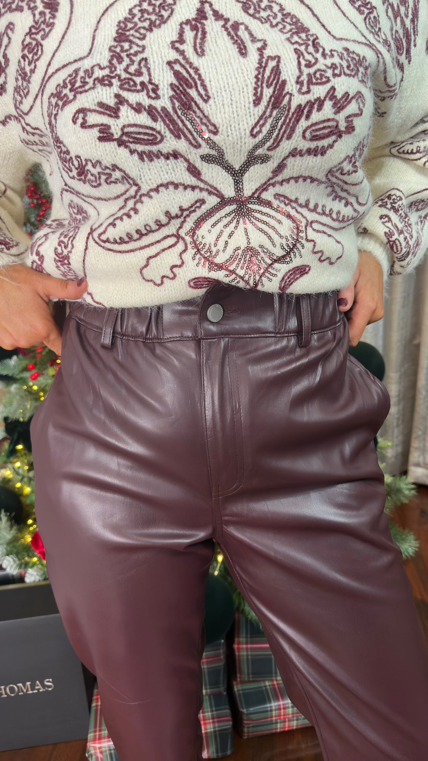 Wine Faux Leather Paperbag Trousers