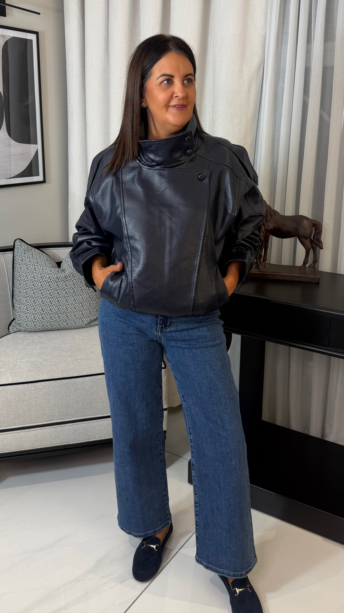 Navy Faux Leather Jacket with Soft Fleece Lining