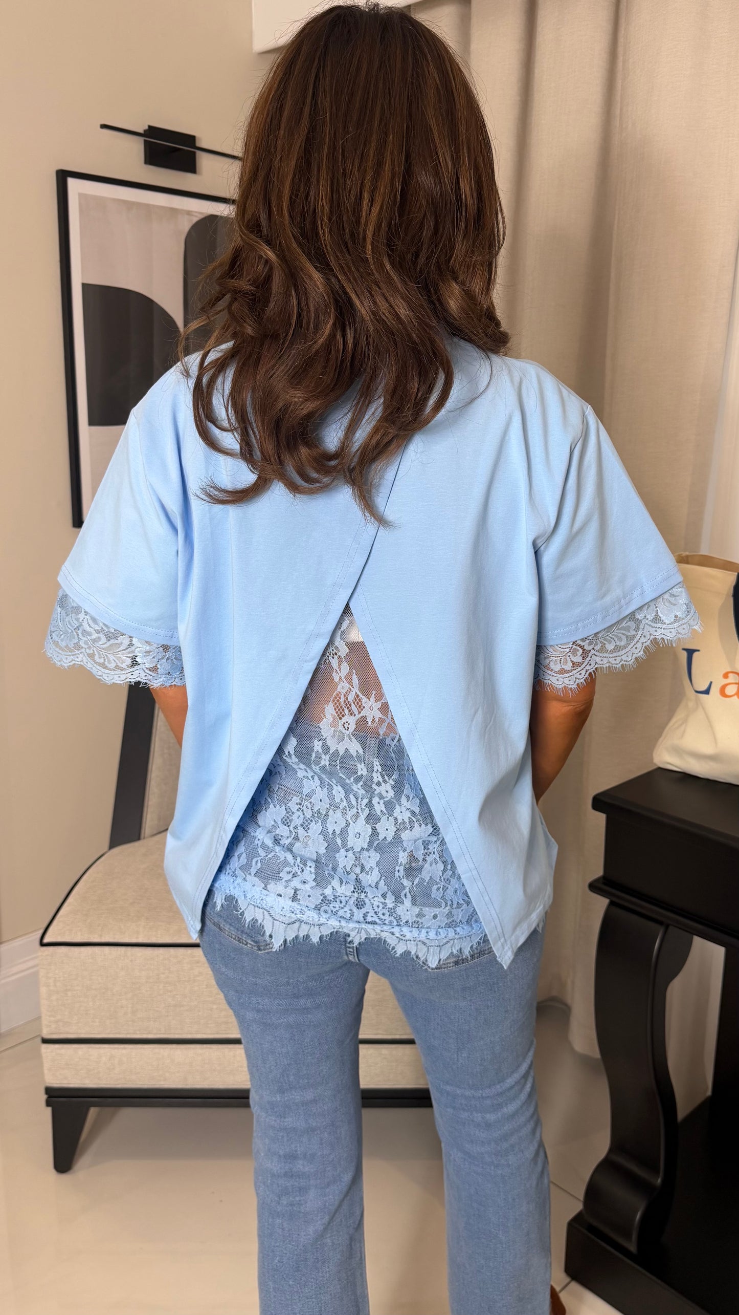Blue T-Shirt with Lace Trim