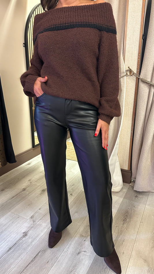 Black Faux Leather Straight-Leg Trousers