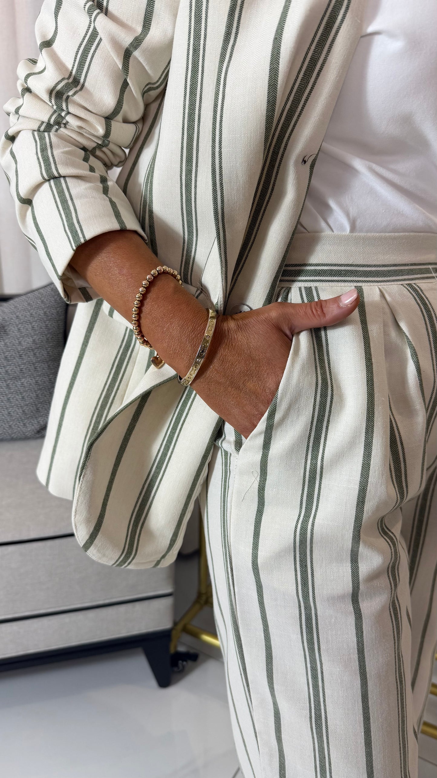 Green Striped Linen-Blend Blazer