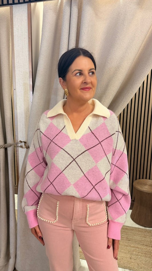 Pink Argyle Polo Knit