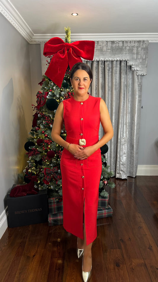 Red Belted Midi Dress