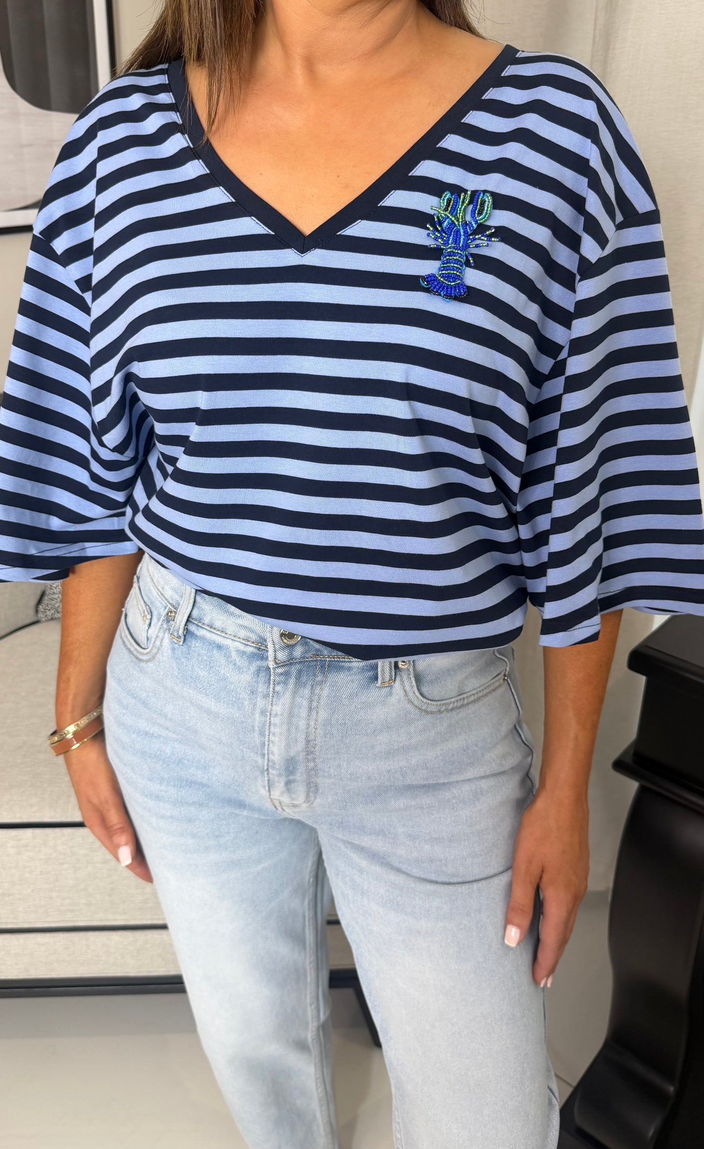 Navy & Blue Striped V-Neck T-Shirt