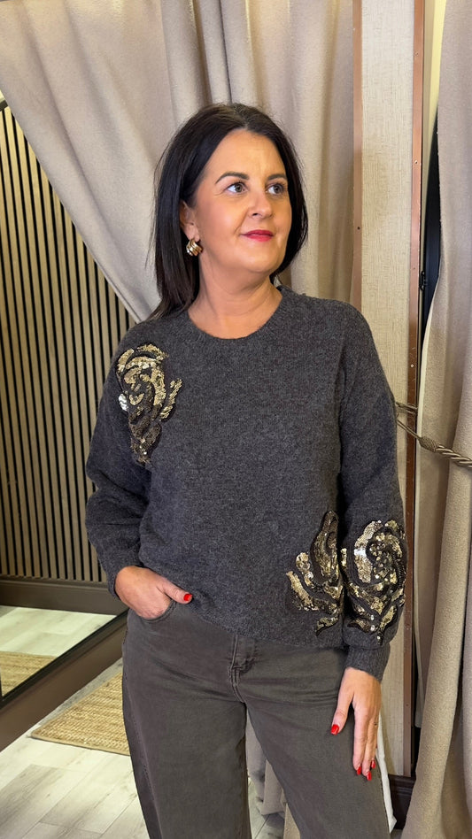 Coffee Jumper with Gold Sequins