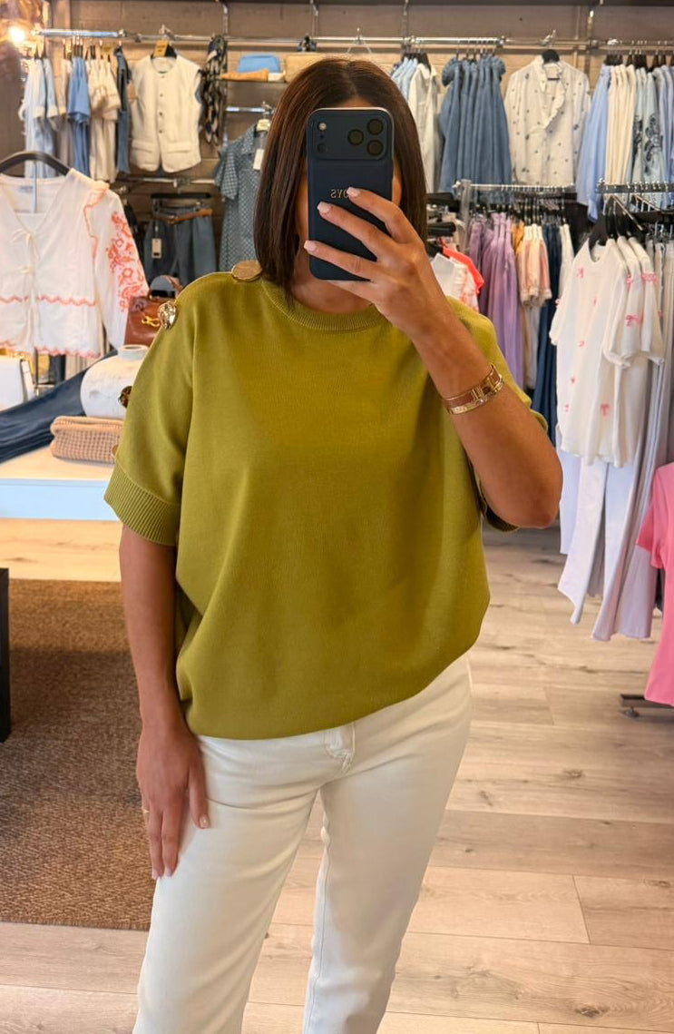 Olive Green Sweater with Gold Buttons
