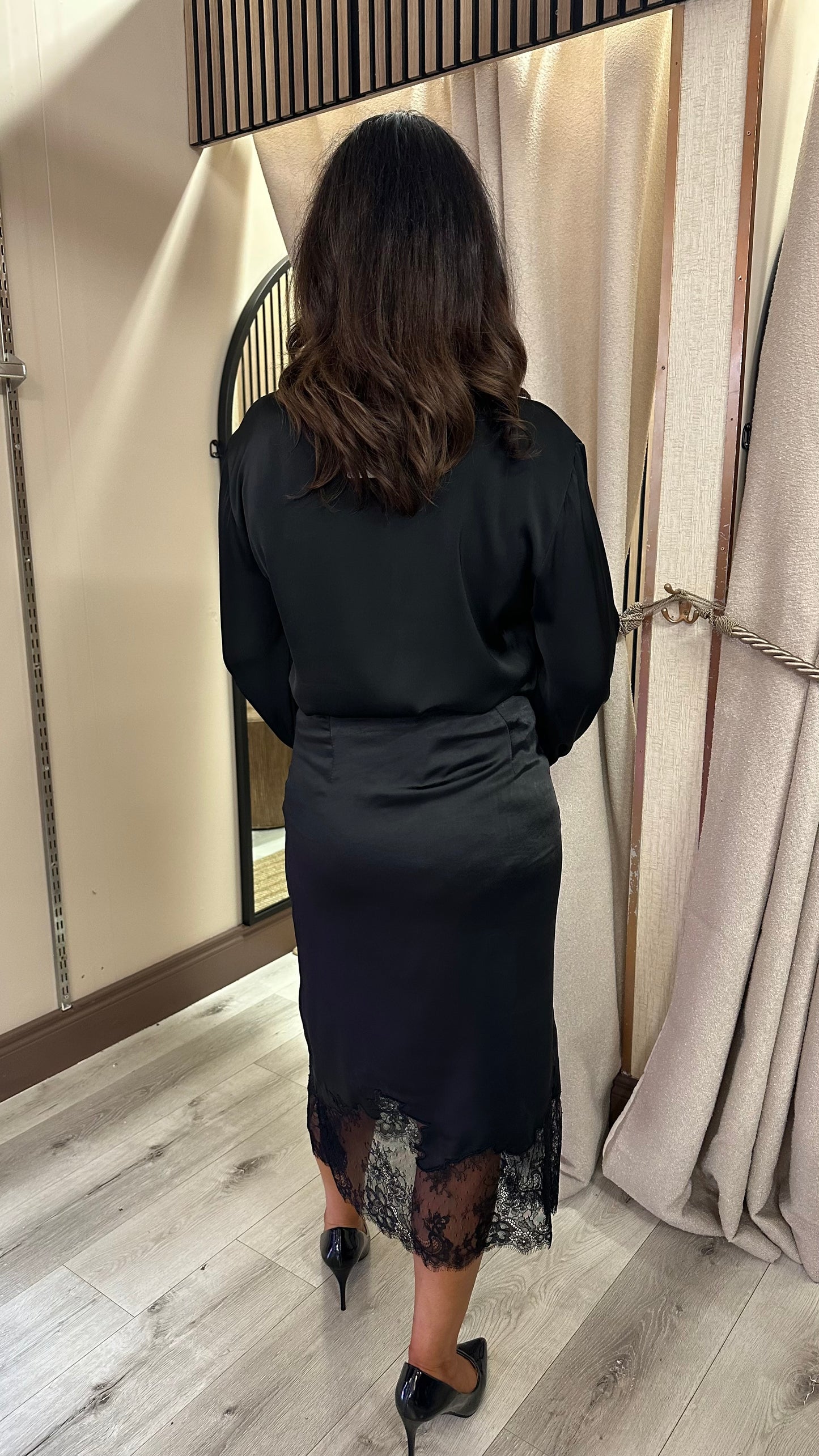 Black Satin Skirt with Lace Trim