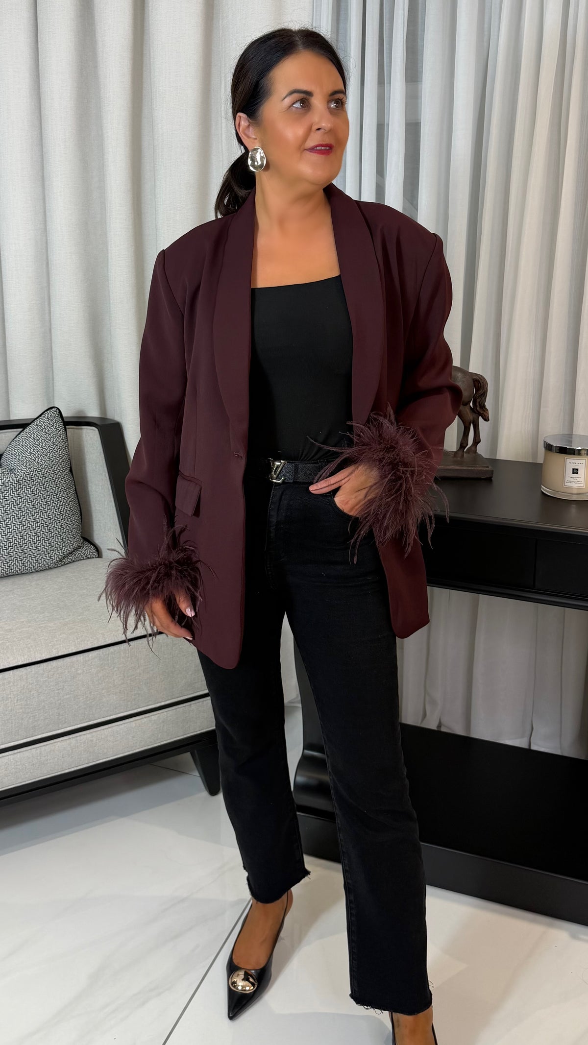 Oversized Plum Feather Trim Blazer