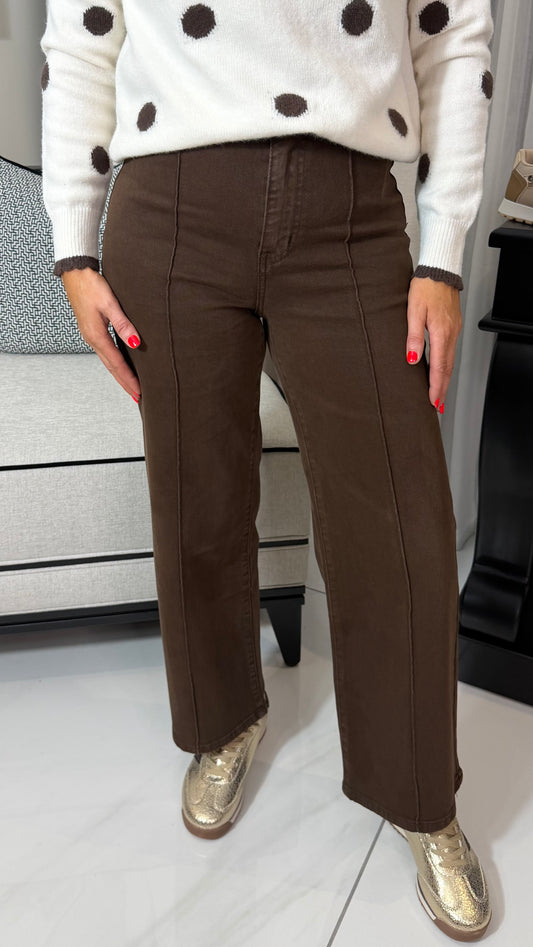 Chocolate Brown Front Seam Cropped Wide-Leg Jeans