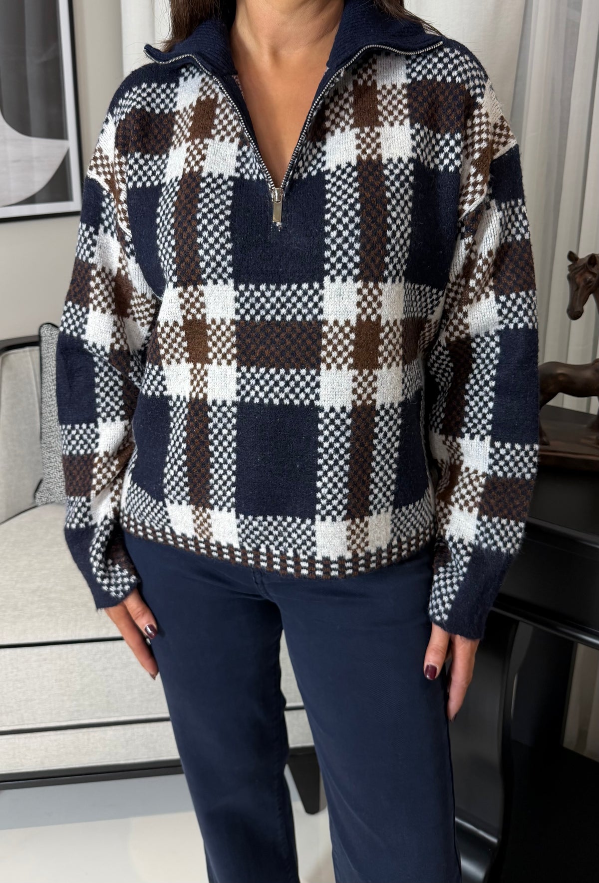 Check Half Zip Sweater