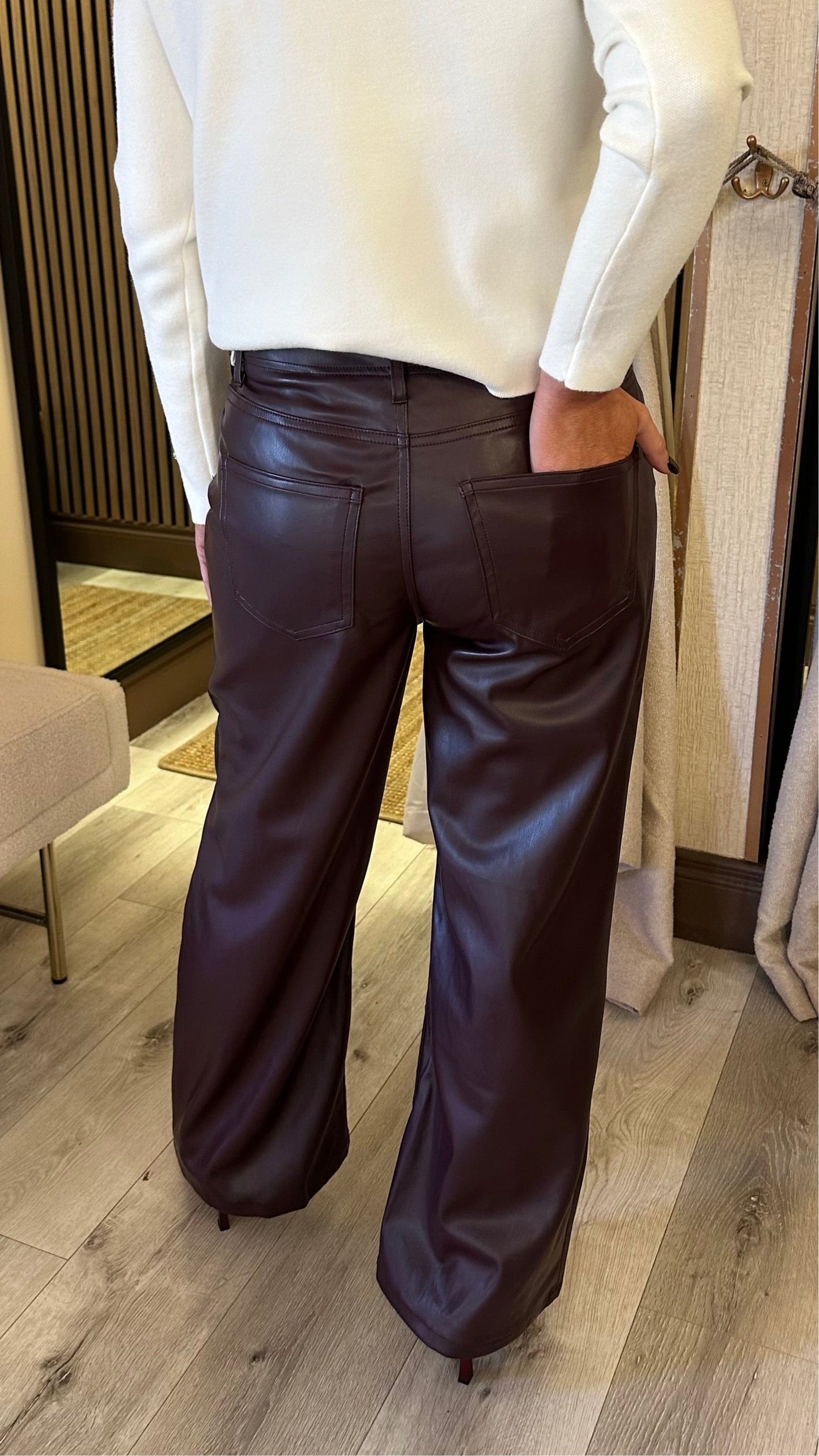 Burgundy Faux Leather Wide-Leg Trousers