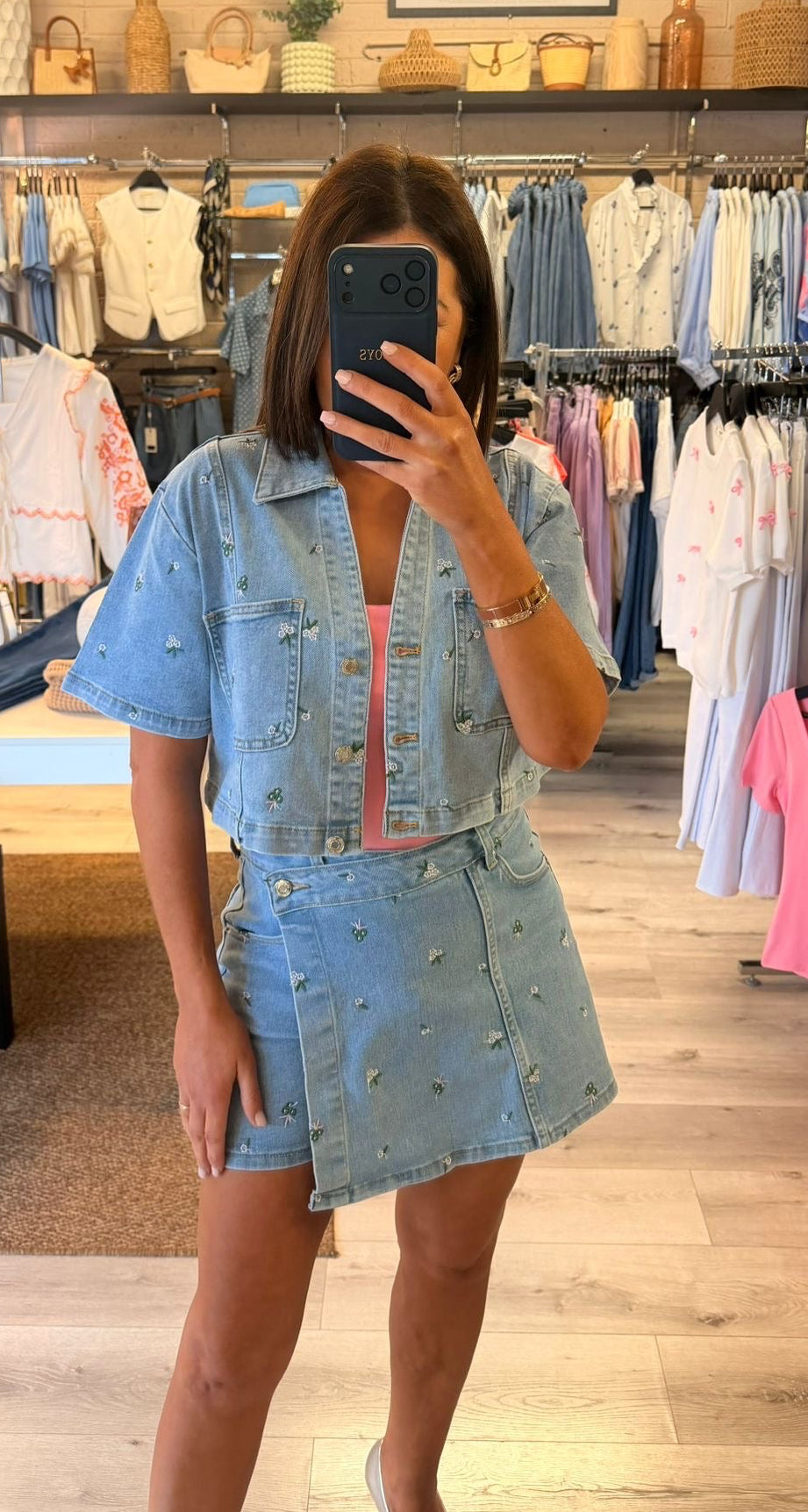Chloe Denim Skort with Floral Embroidery Detail