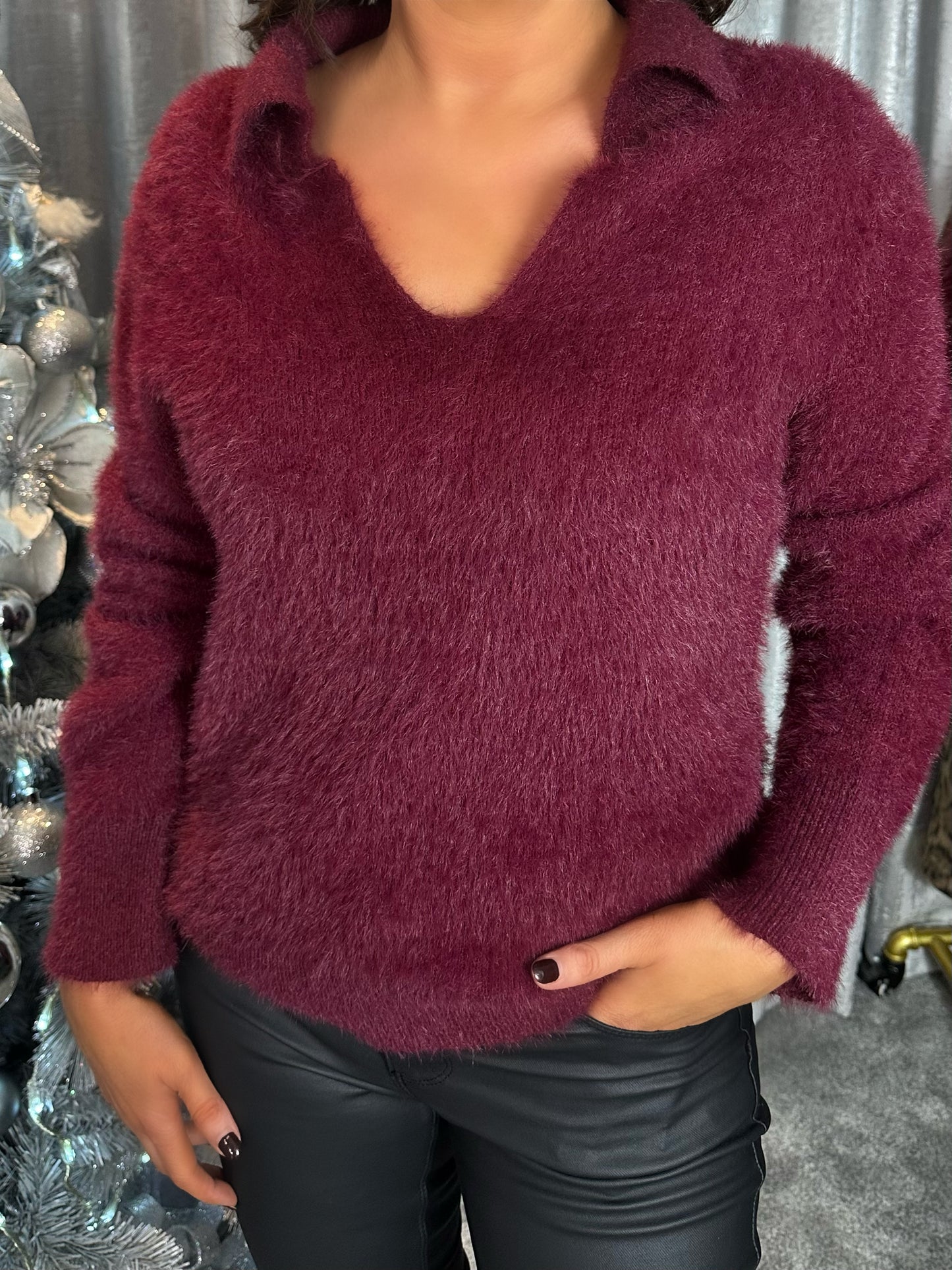 Burgundy Fluffy V-Neck Sweater