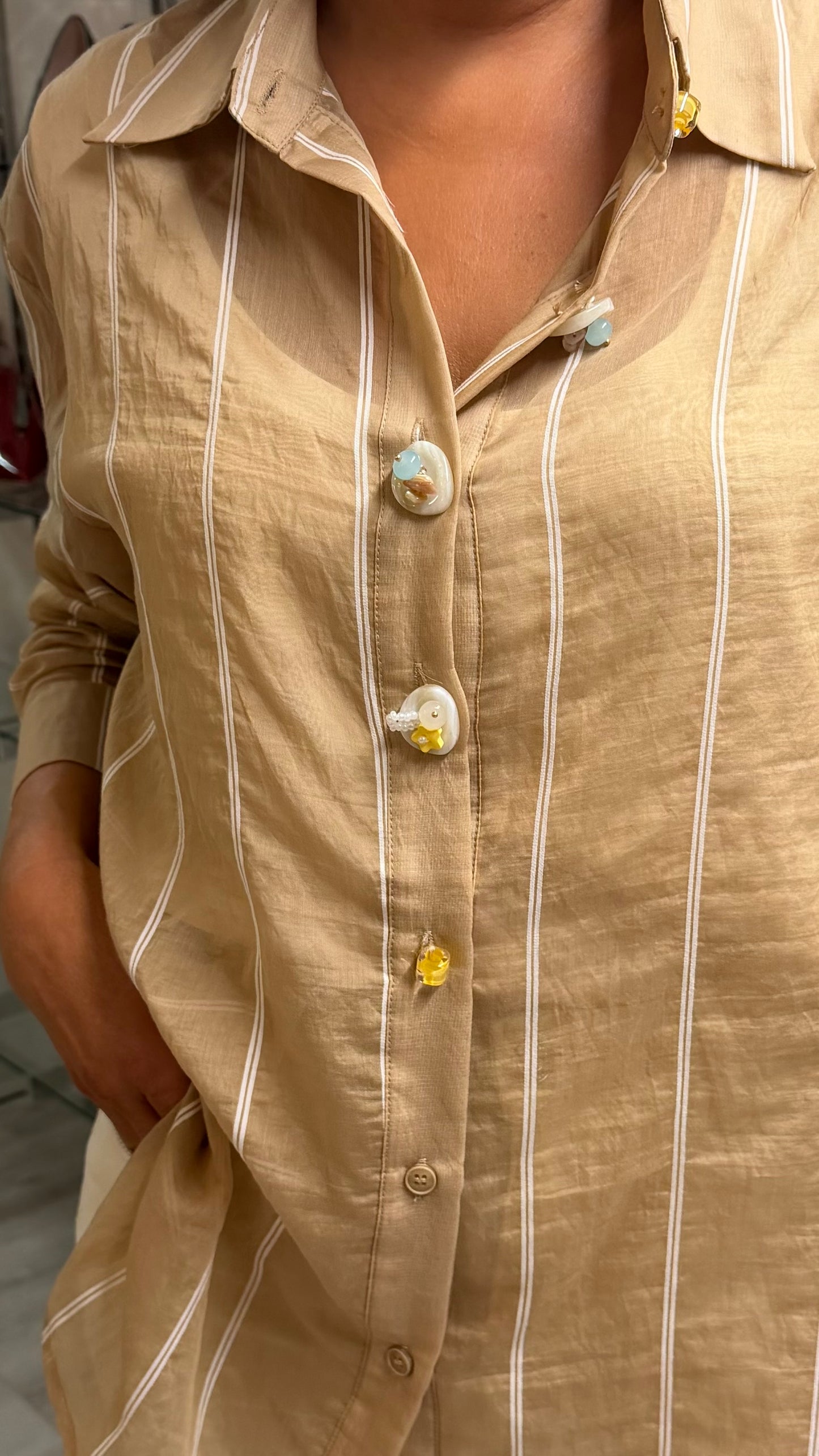 Tan & White Striped Sheer Shirt