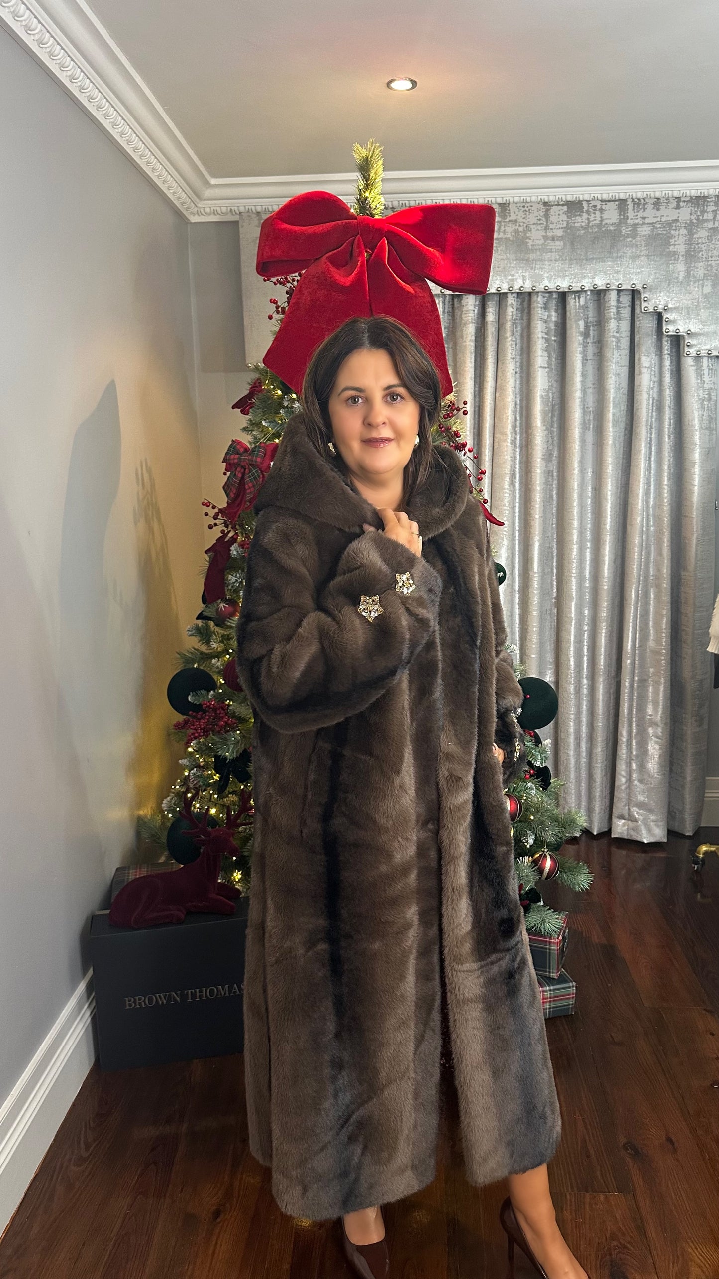 Luxe Brown Crystal Faux Fur Coat