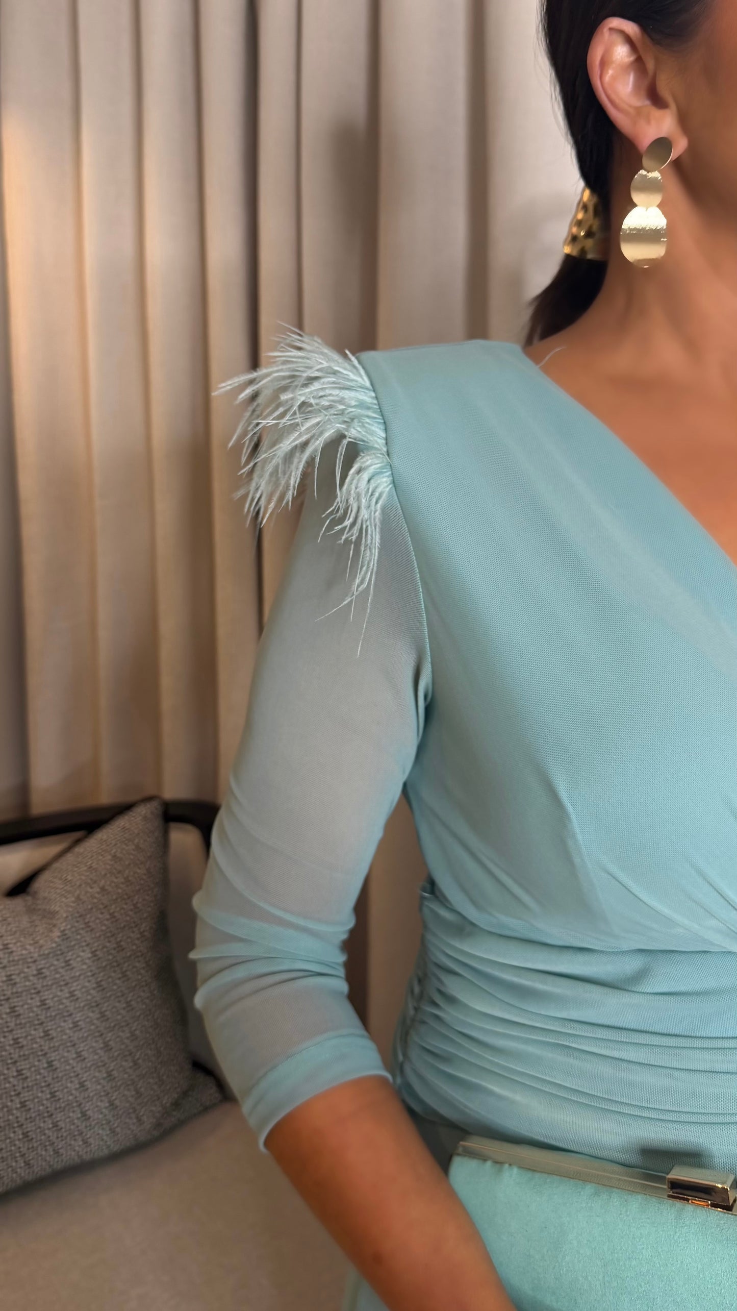 Taylor Turquoise Ruched Feather Dress