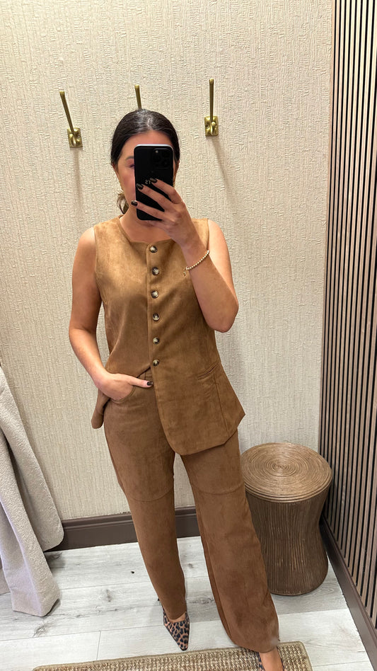 Camel Suedette Straight-Leg Trousers