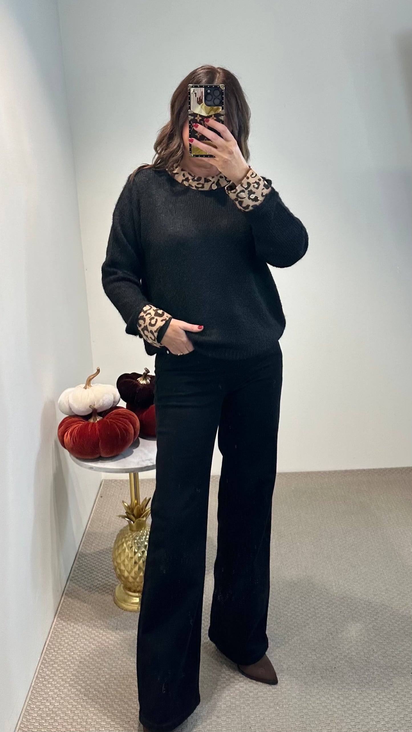 Black Leopard Trim Sweater