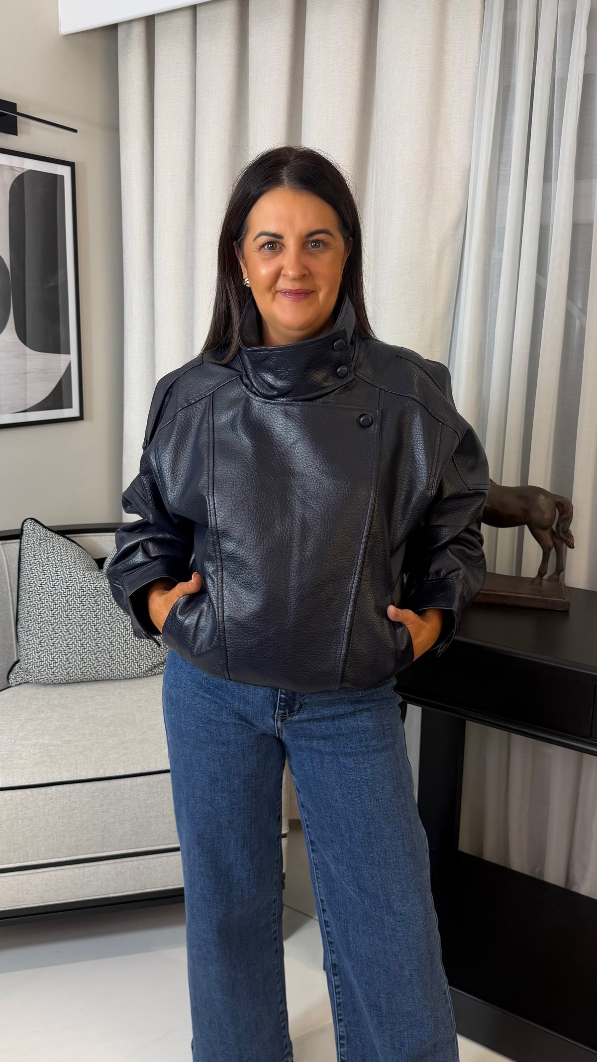 Navy Faux Leather Jacket with Soft Fleece Lining