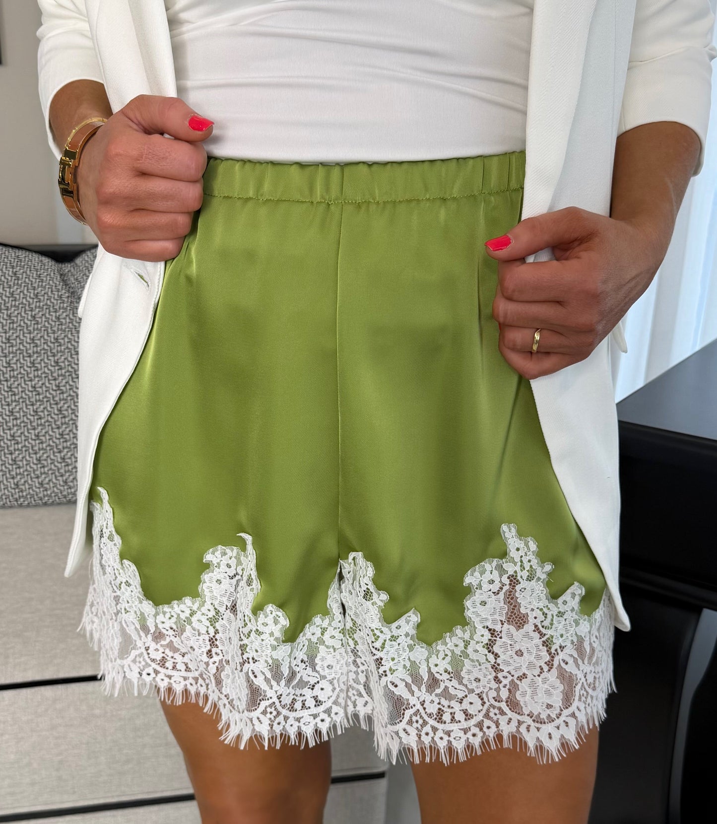 Green Lace Trim Satin Shorts