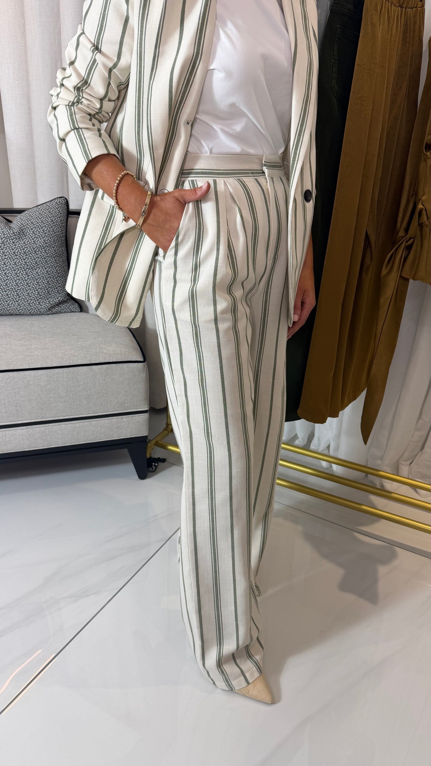 Green Striped Linen-Blend Trousers