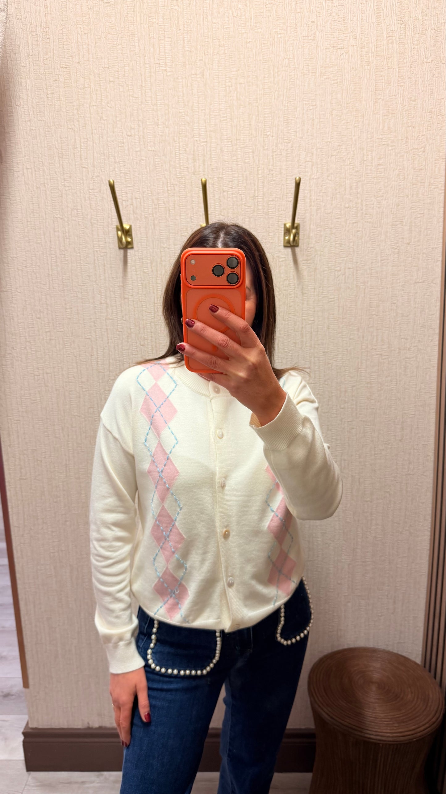 Cream Cardigan with Diamond Pattern