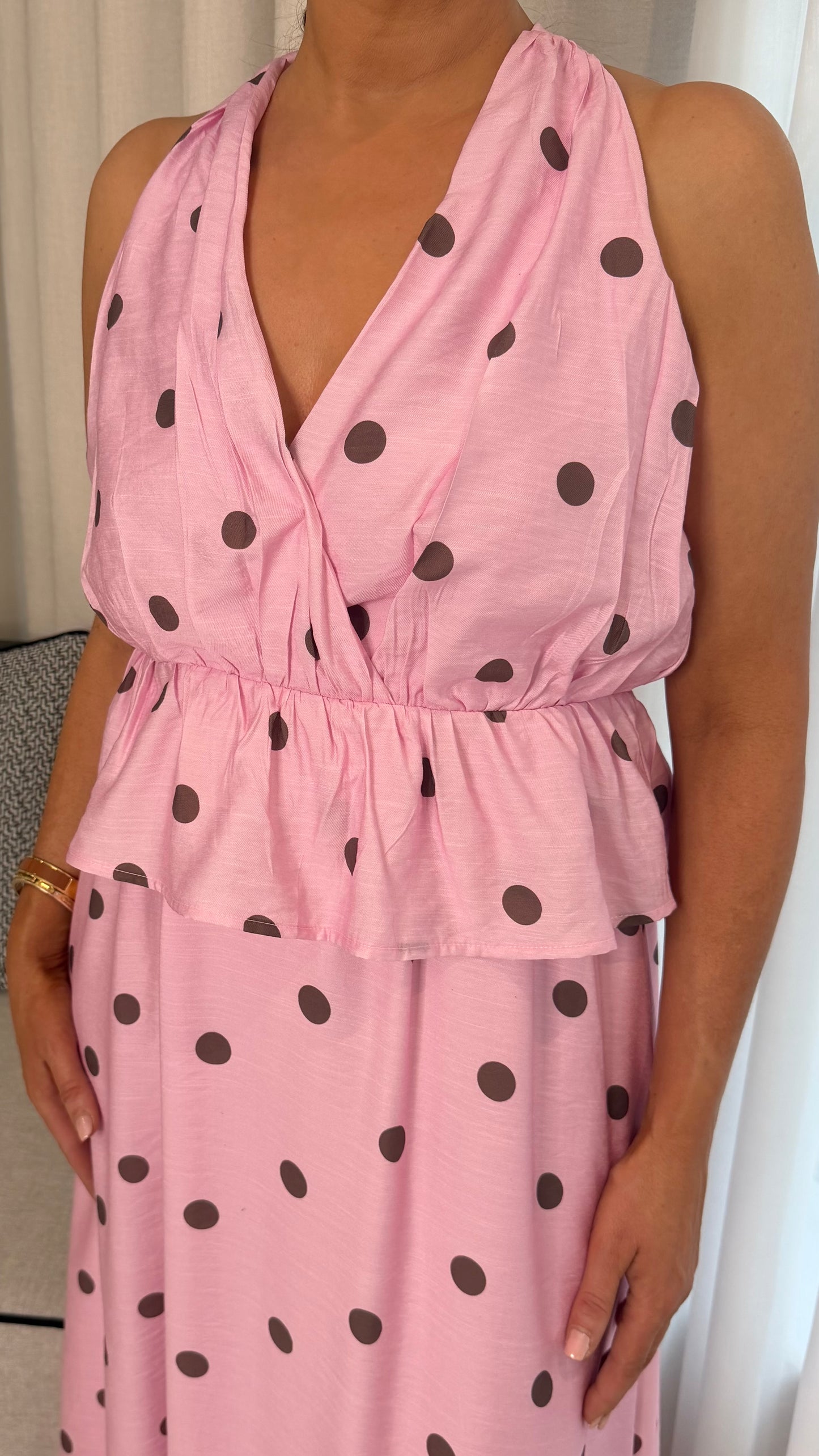 Mya Pink & Brown Polka Dot Halterneck Top