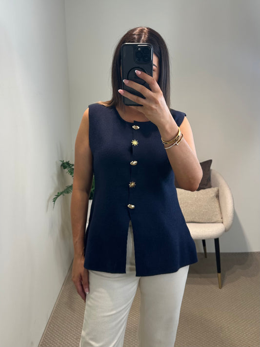 Navy Knit Waistcoat with Statement Buttons