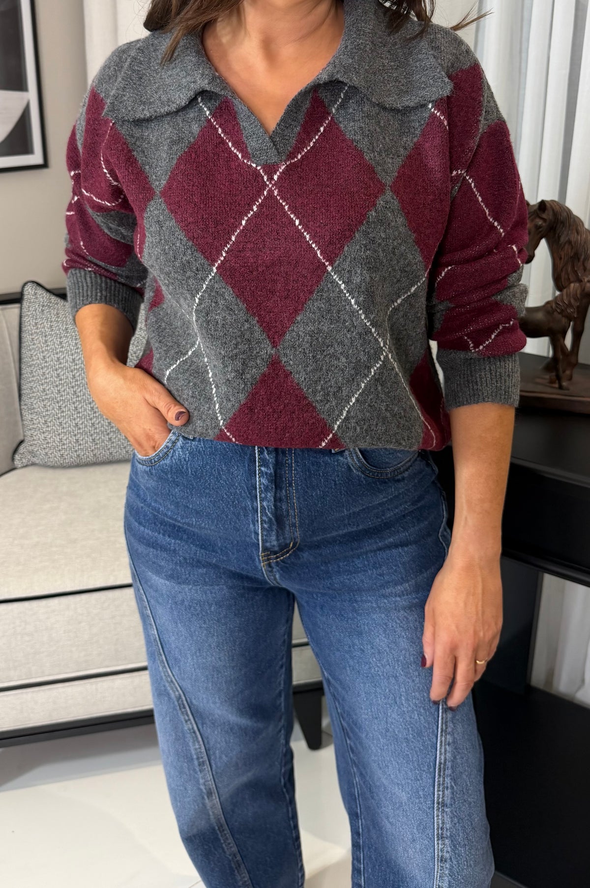 Grey & Wine Argyle Polo Knit
