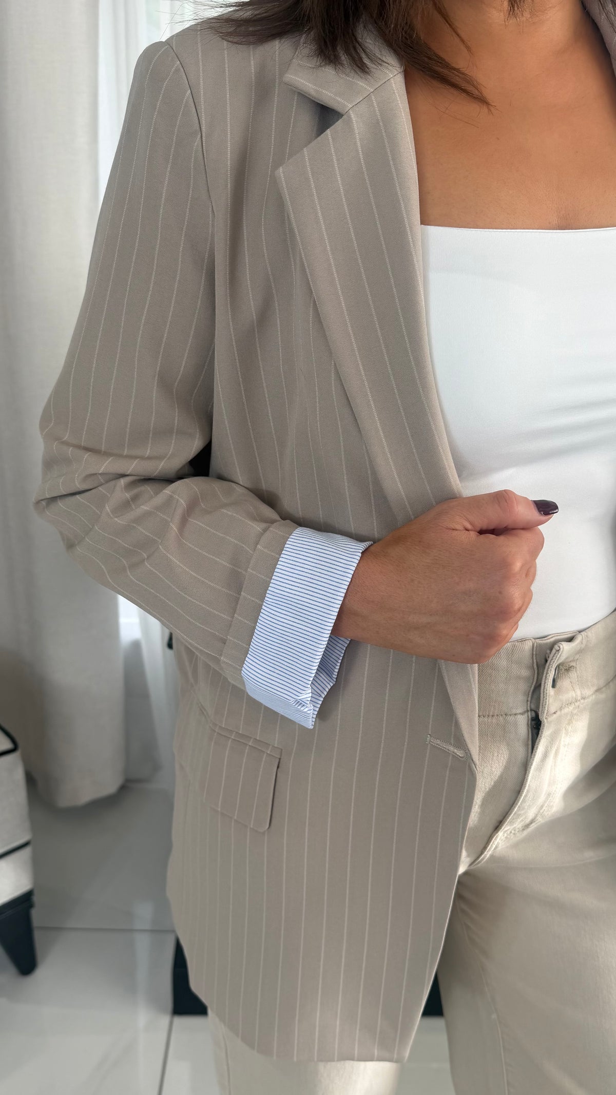 Brooke Beige Pinstripe Single Breasted Blazer