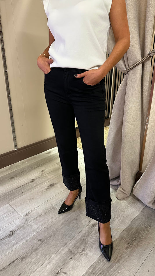 Black Turn-up Jeans with Diamante