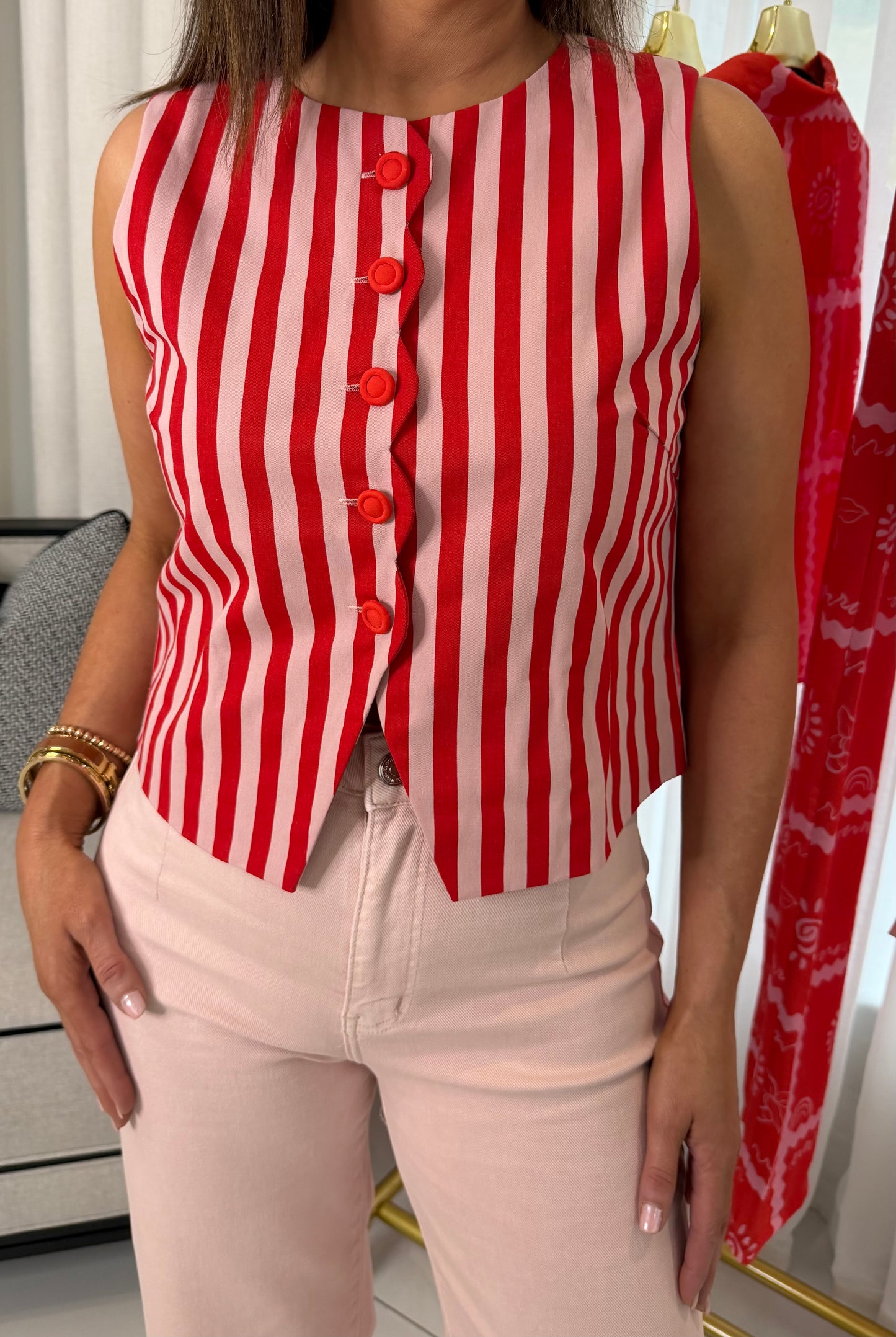 Red & Pink Striped Scalloped Detail Waistcoat