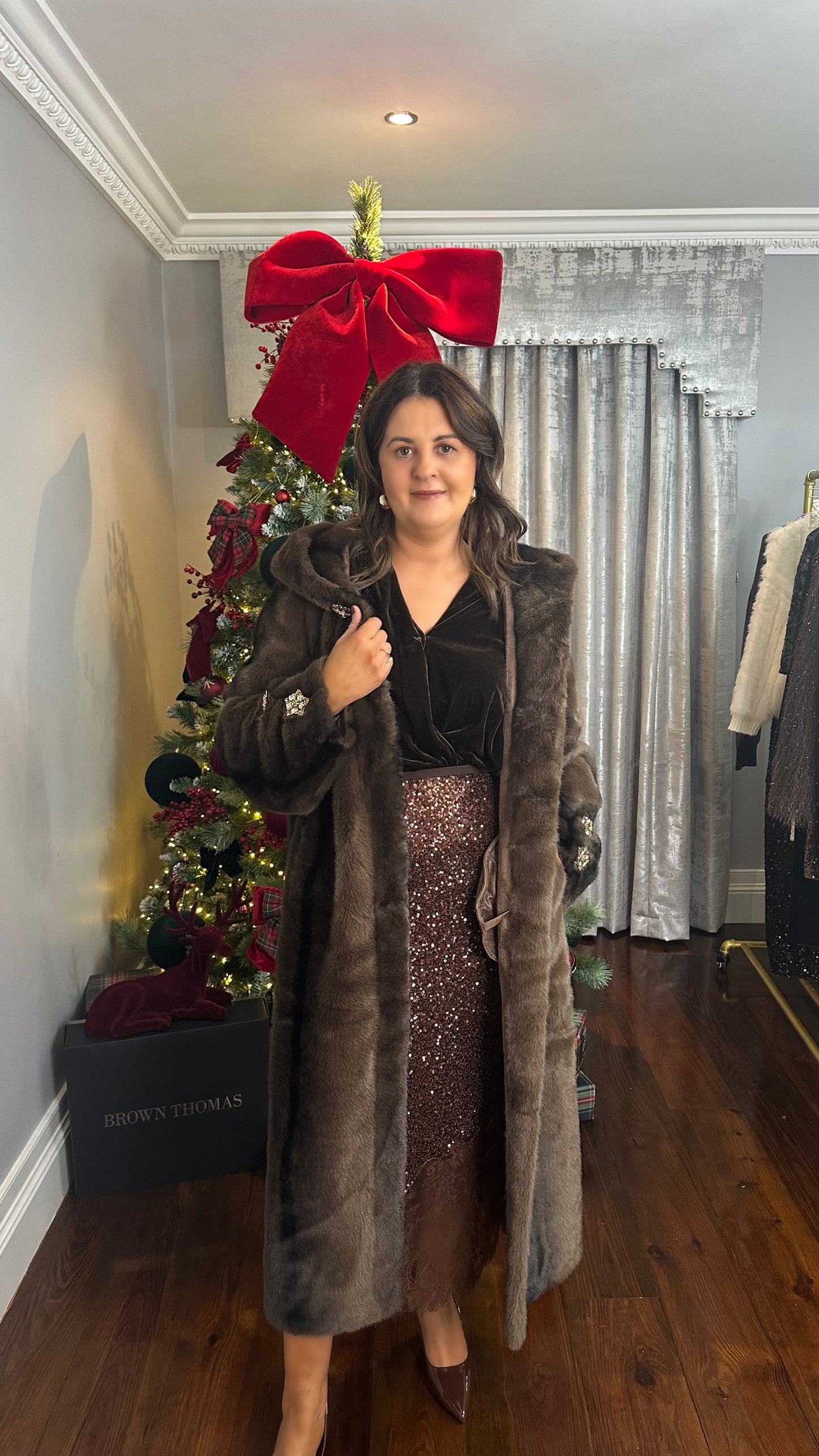 Luxe Brown Crystal Faux Fur Coat