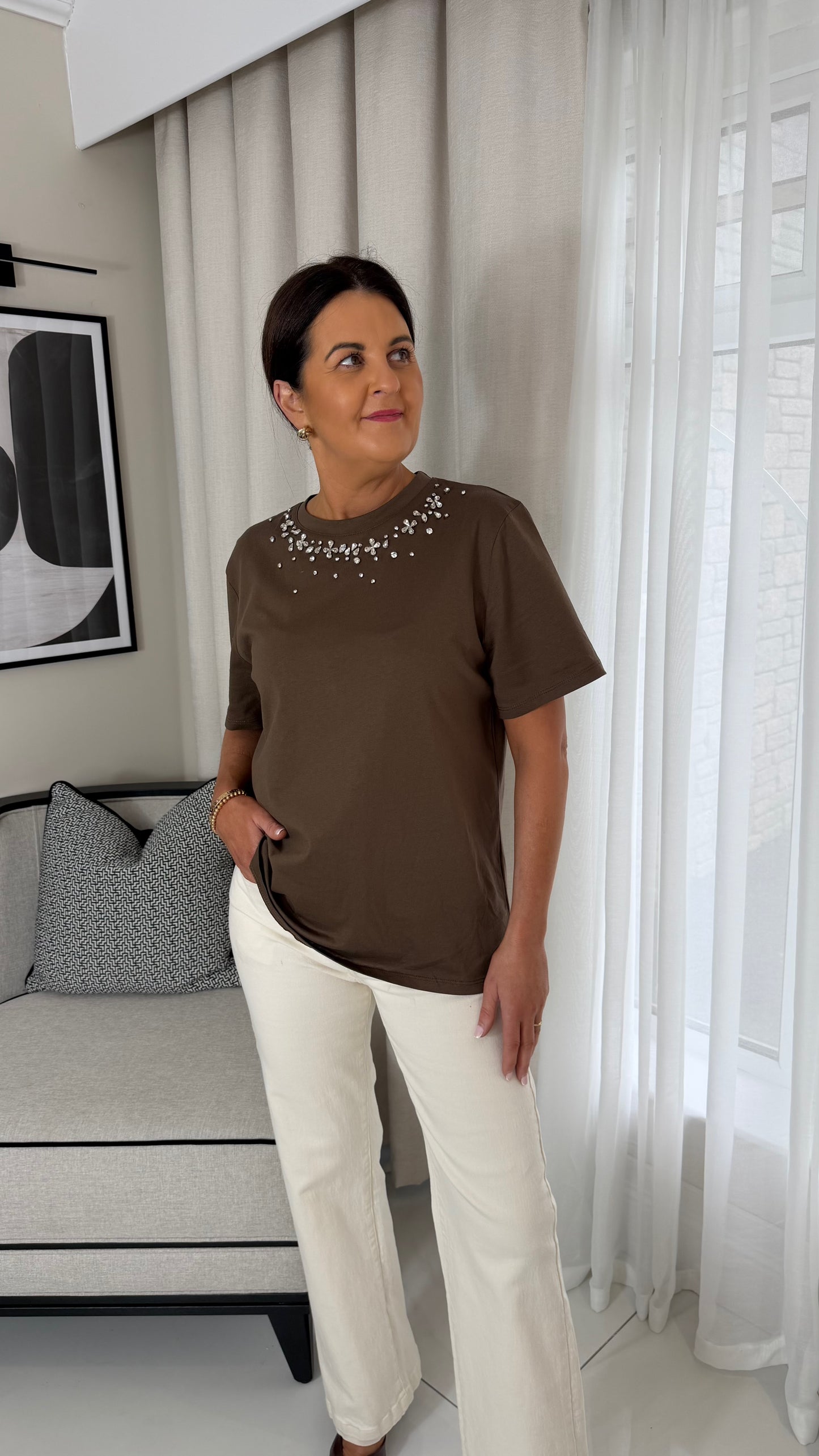 Brown Diamanté Neck T-Shirt