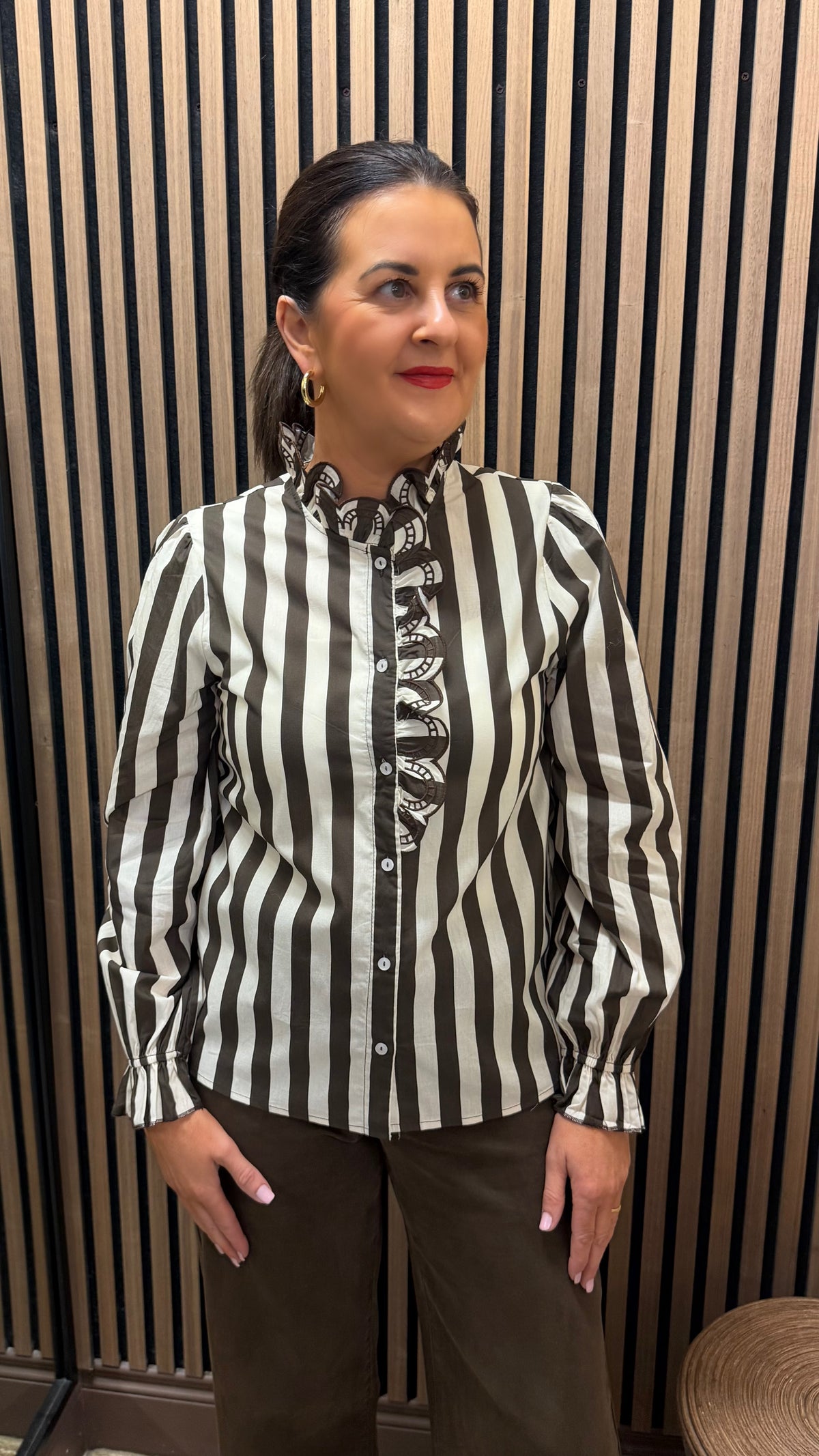 Brown & Cream Striped Ruffle Blouse