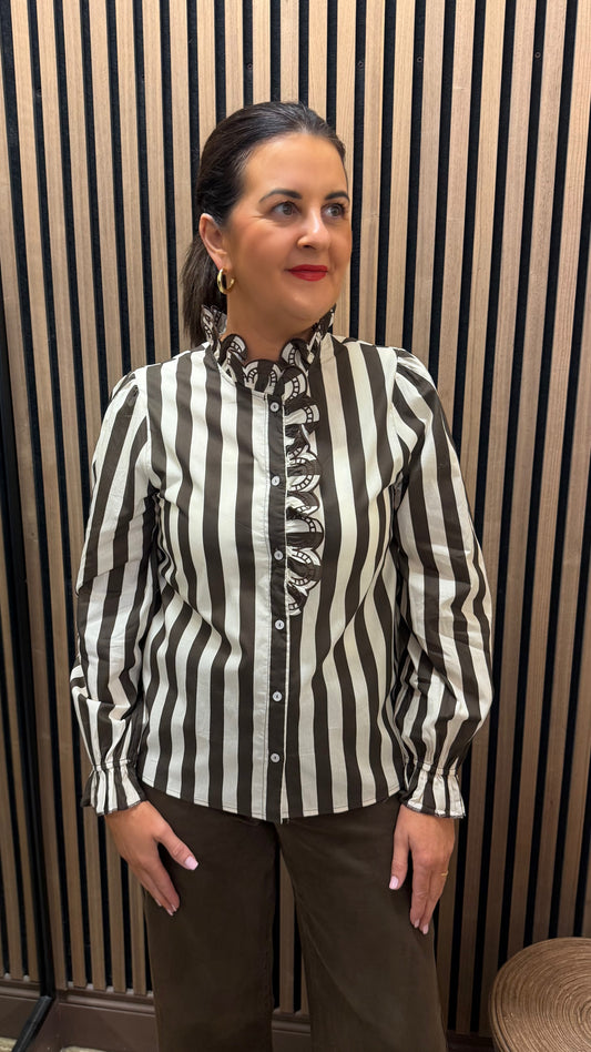 Brown & Cream Striped Ruffle Blouse