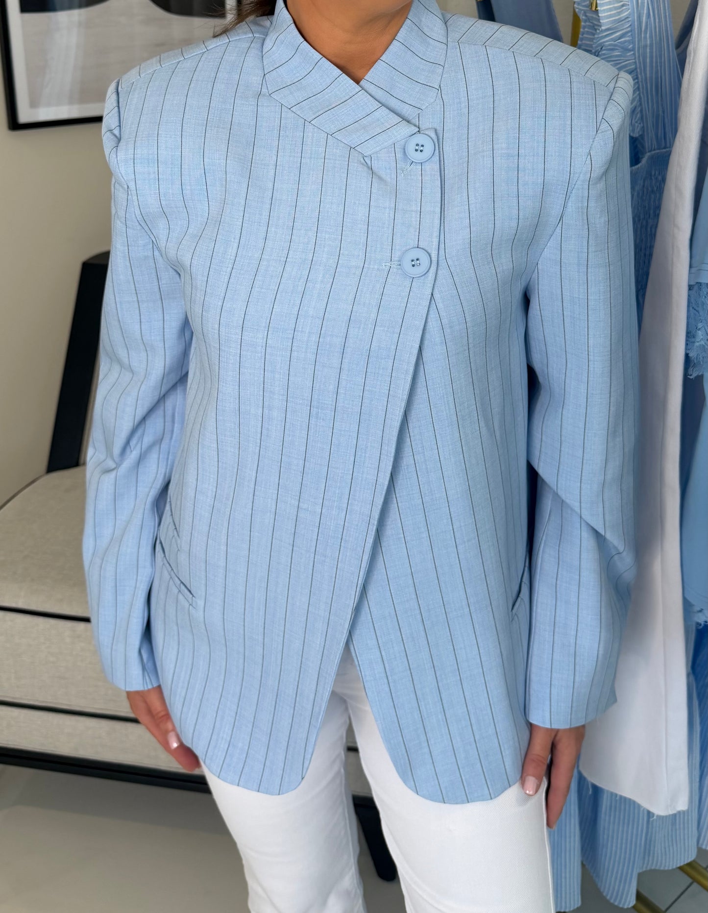 Bella High Neck Stripe Blazer Blue/White