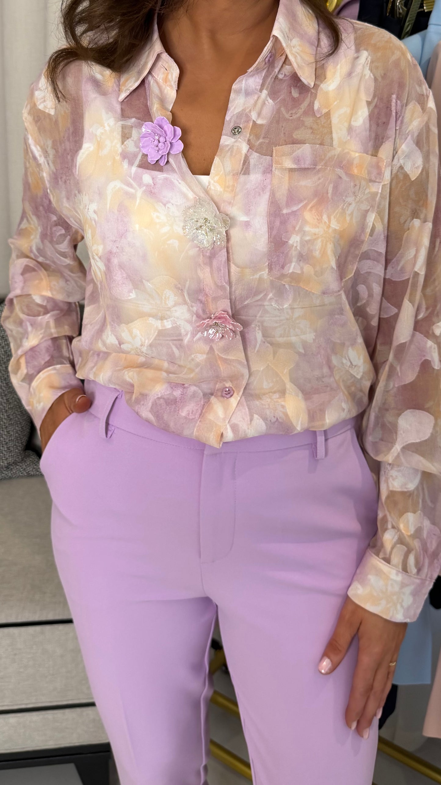 Lilac & Lemon Floral Sheer Blouse with 3D Flower Buttons