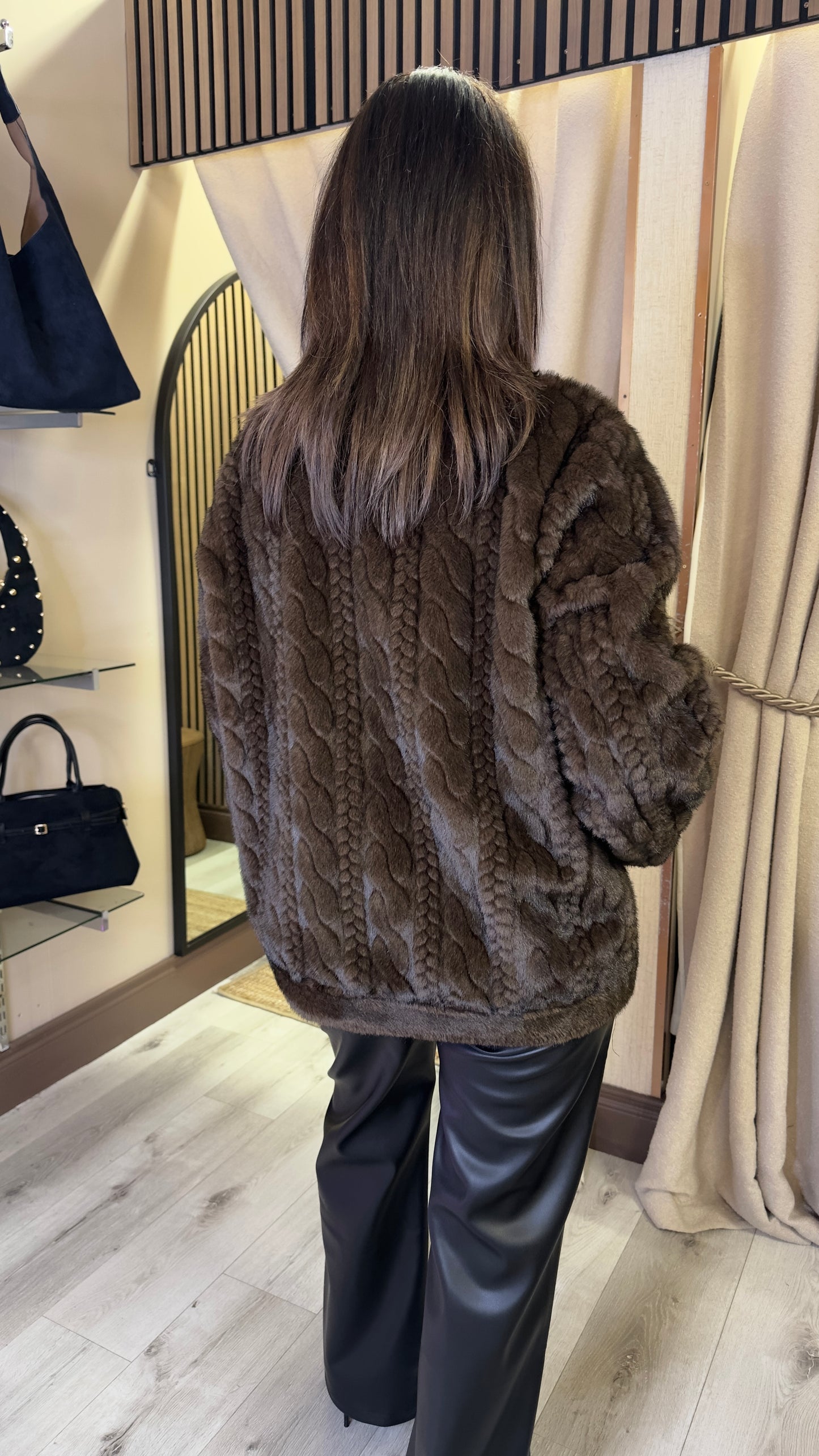 Brown Faux Fur Jacket with Cable Details