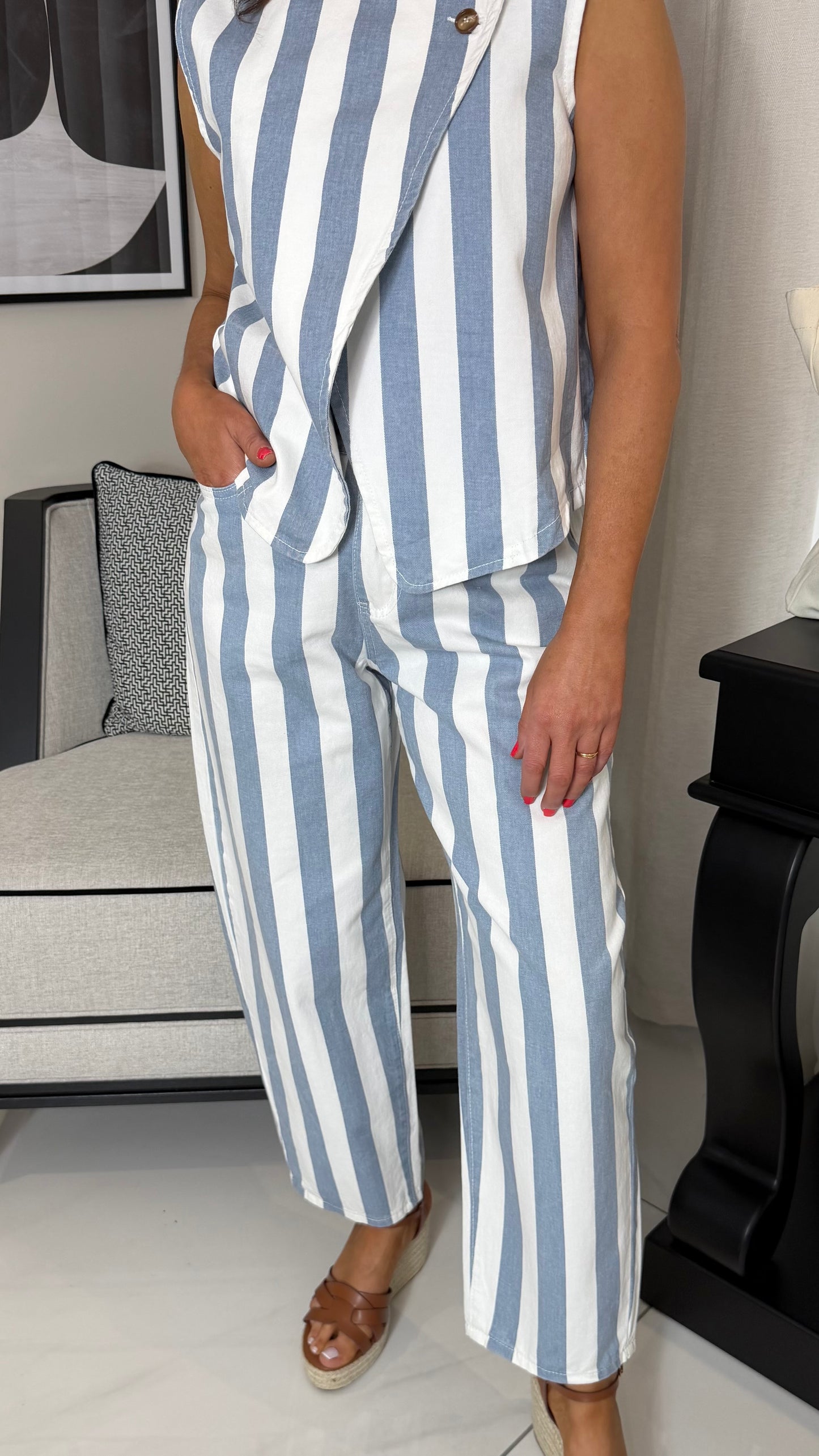 Blue & White Striped Denim Jeans