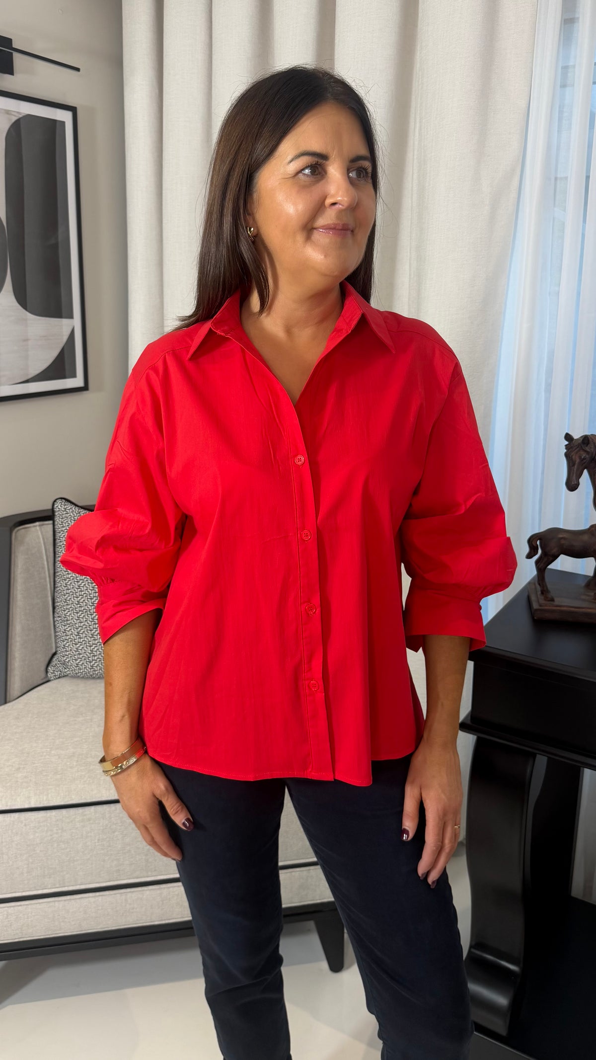 Red Shirt with Back Button Detail