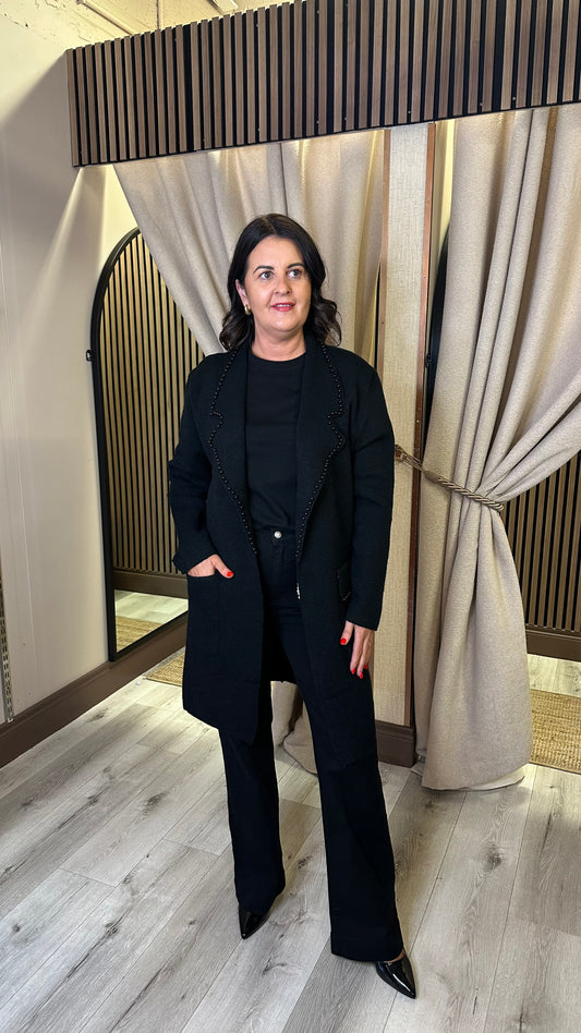 Black Longline Cardigan with Pearl Detail