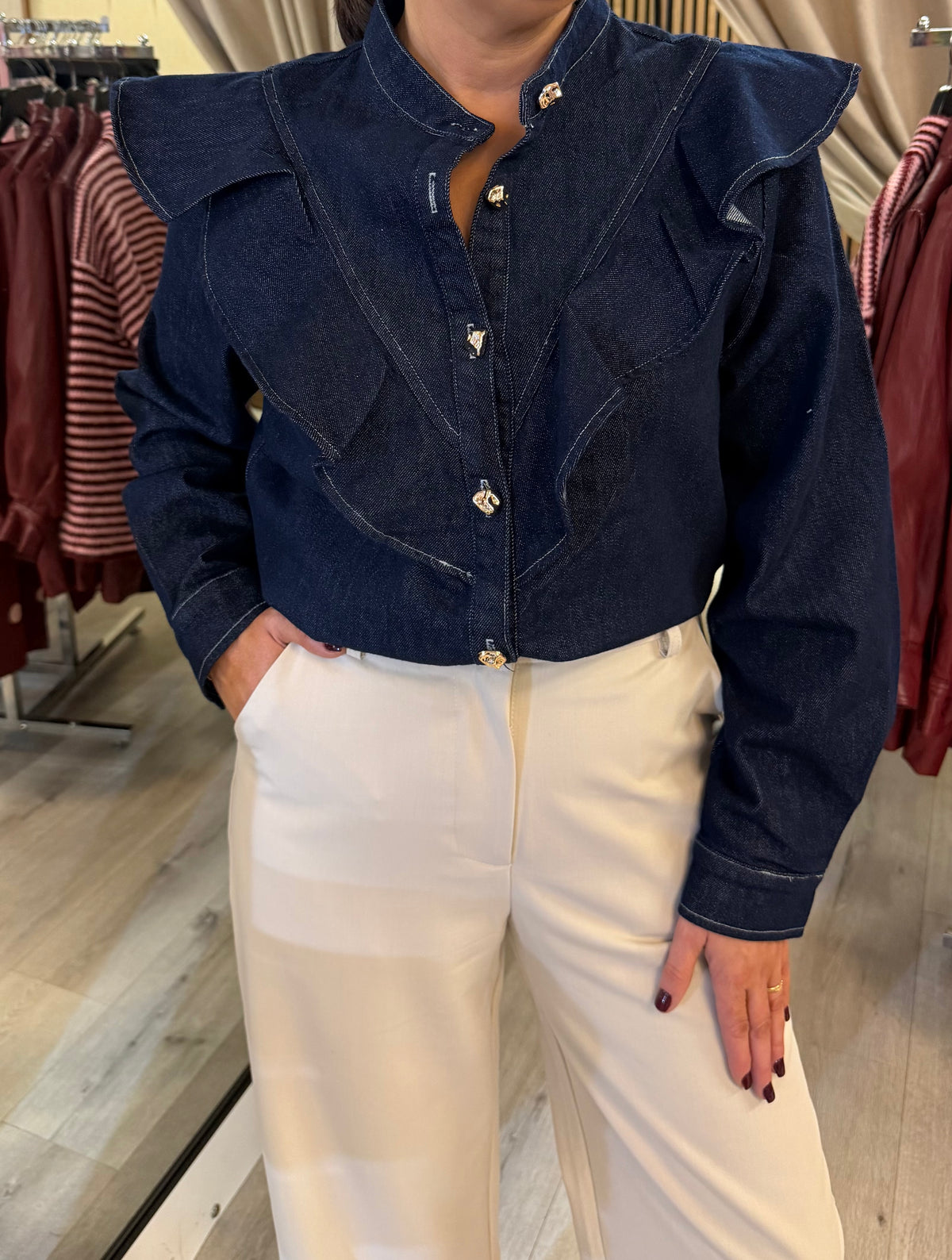 Dark Denim Ruffle Detail Blouse