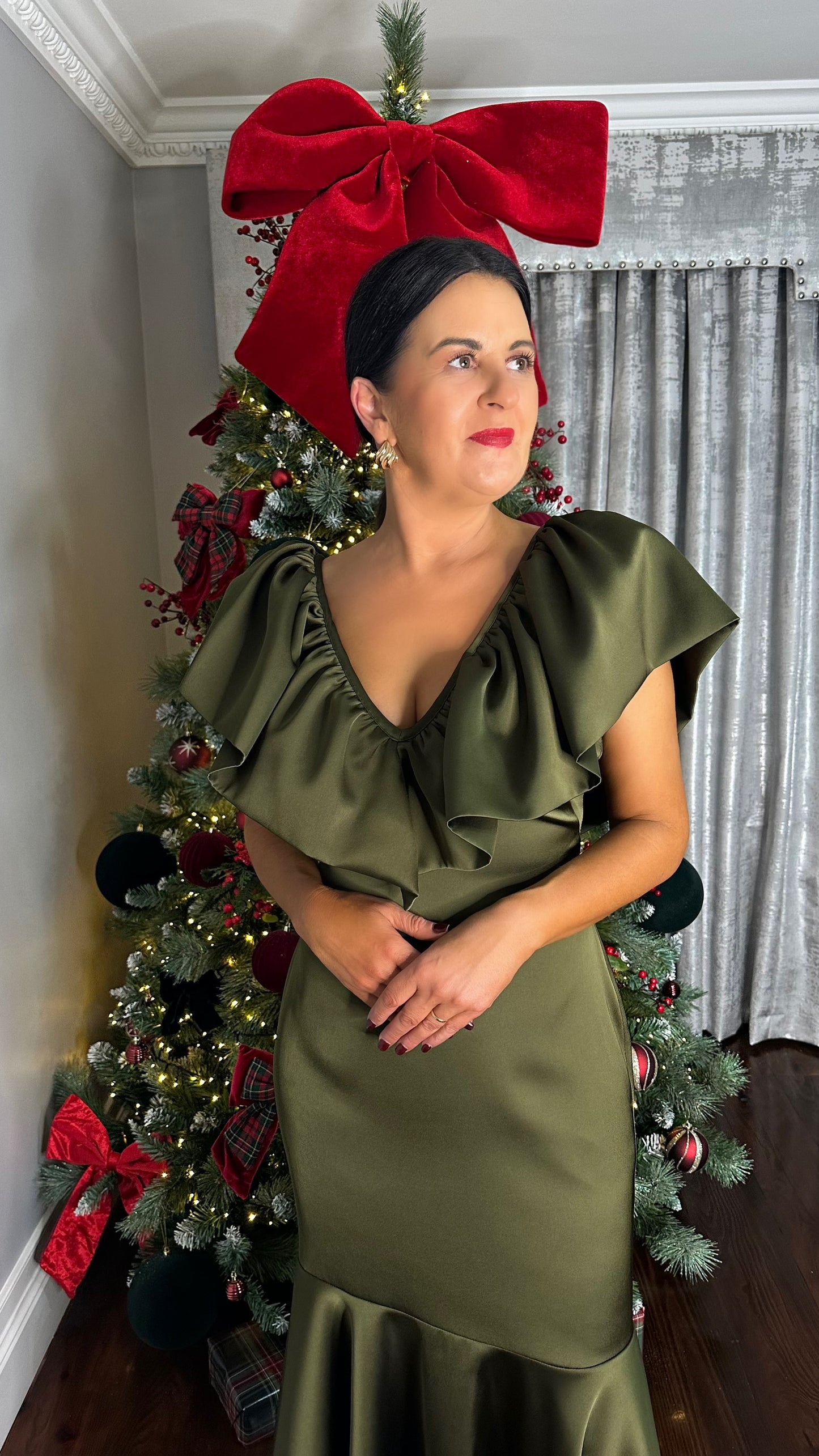 Noelle Khaki Satin Ruffle Dress