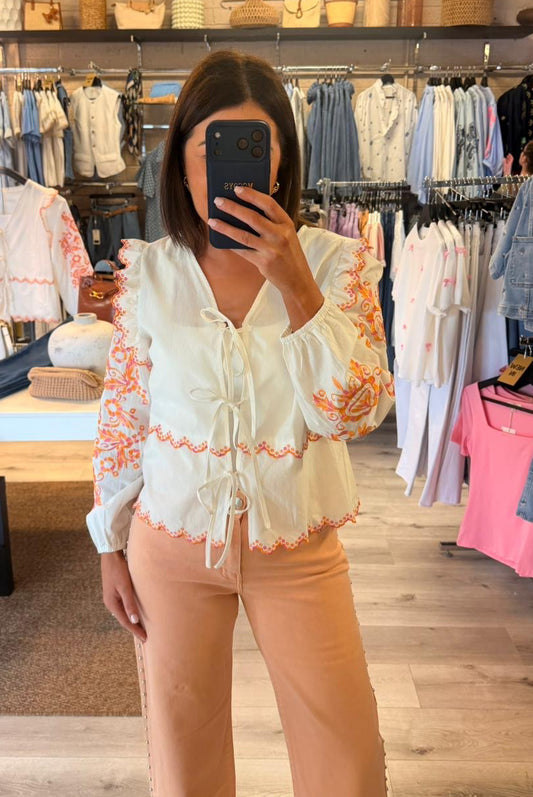 White Blouse with Orange & Pink Details