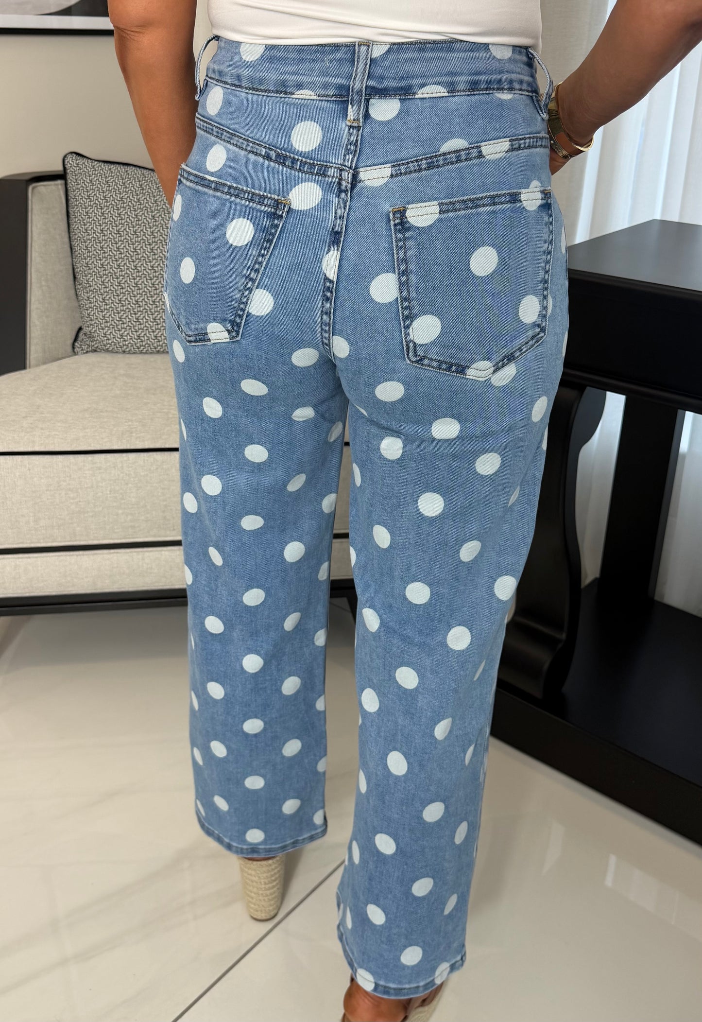 Polka Dot Wide-Leg Cropped Jeans