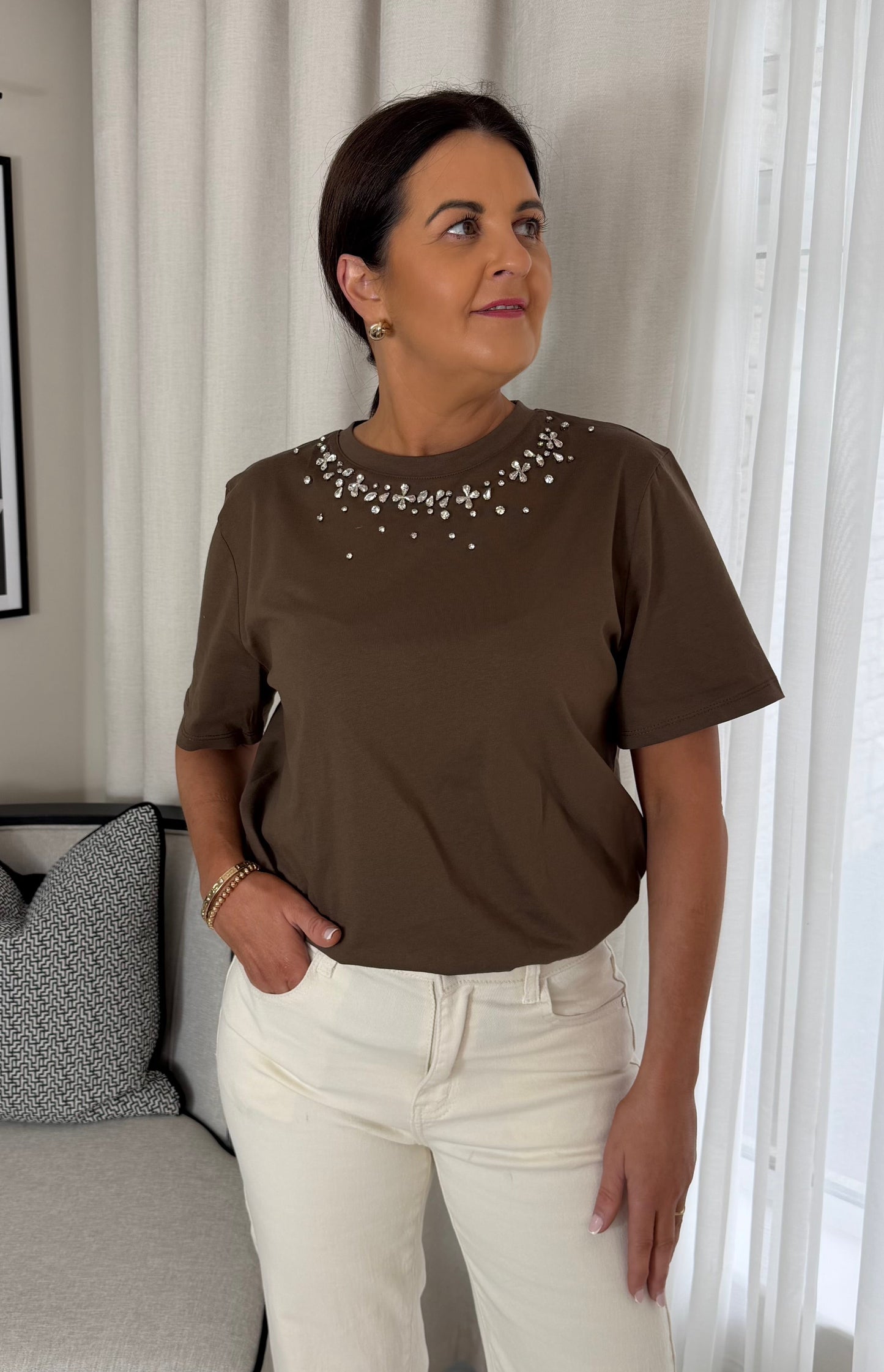 Brown Diamanté Neck T-Shirt