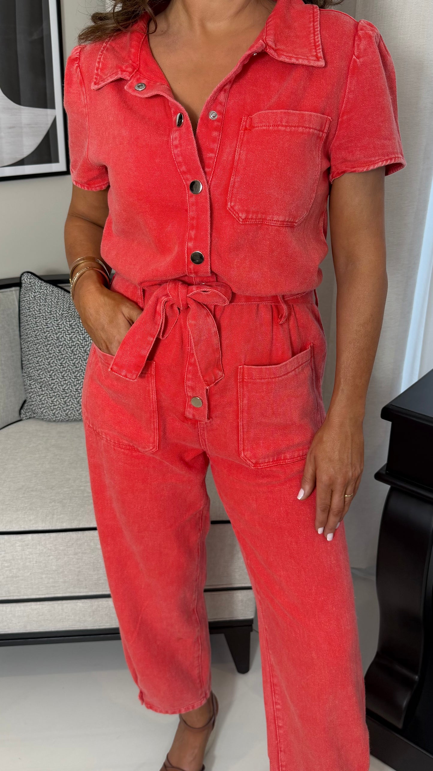 Red Denim Jumpsuit