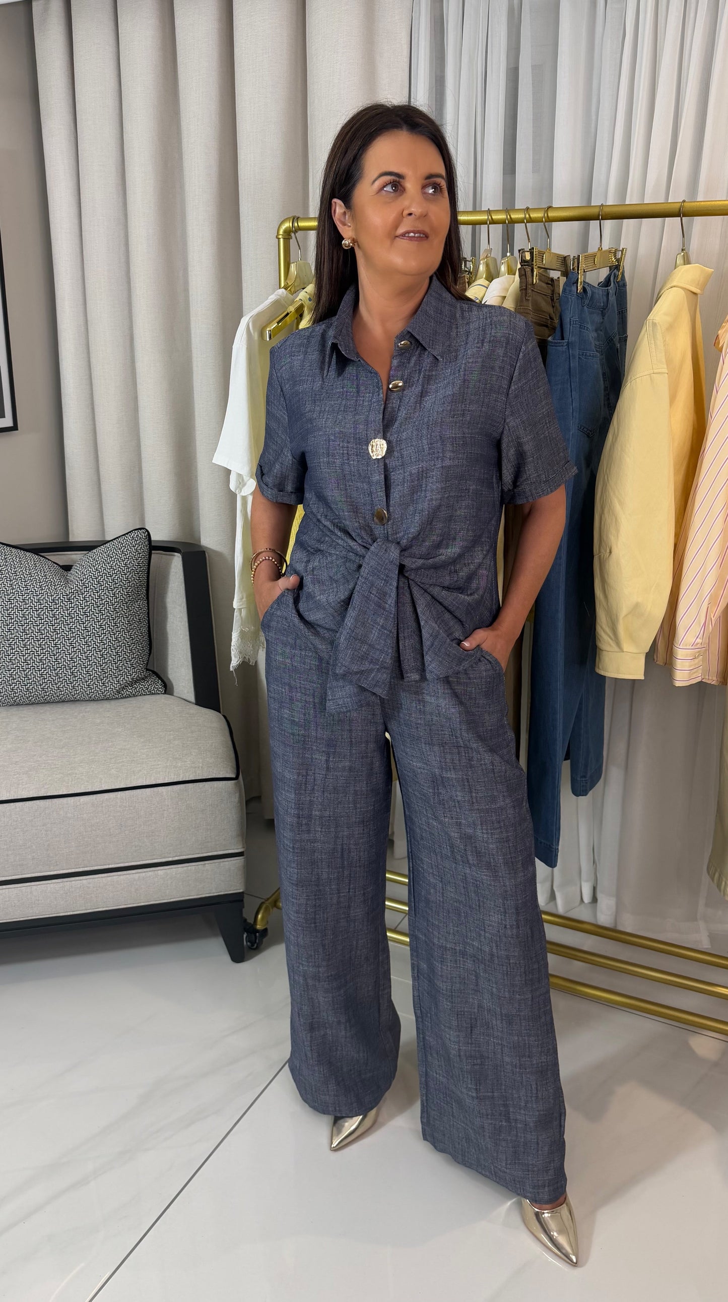 Navy Tie-Detail Linen Blend Shirt