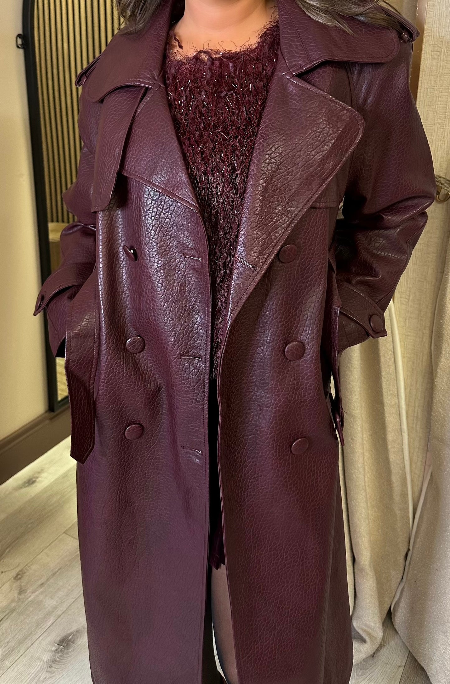 Burgundy Croc Faux Leather Trench